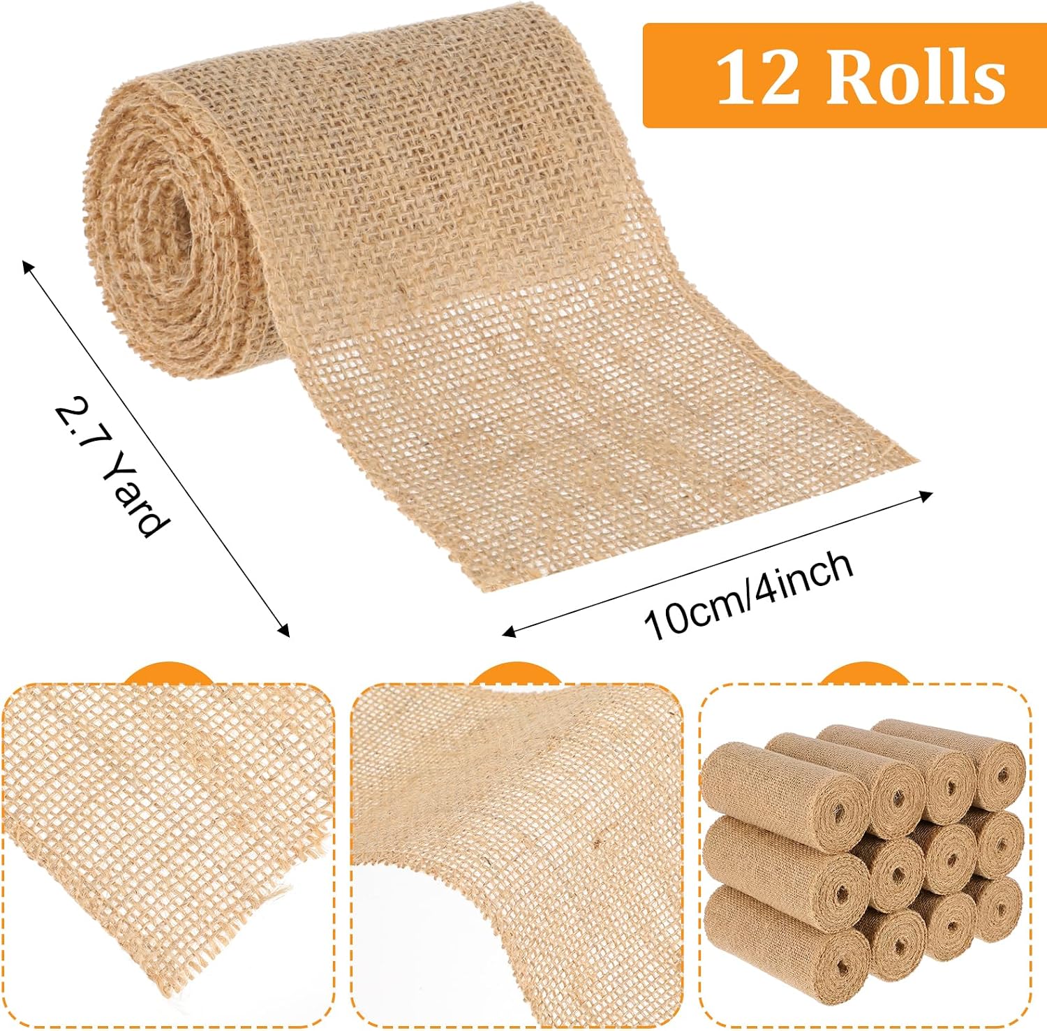 Natural Burlap Ribbon 32.4 Yard, 4 Inch Wide 12 Roll Jute Fabric Roll for Wedding Decoration, Crafts, Gift Wrapping, Wreaths and Bows