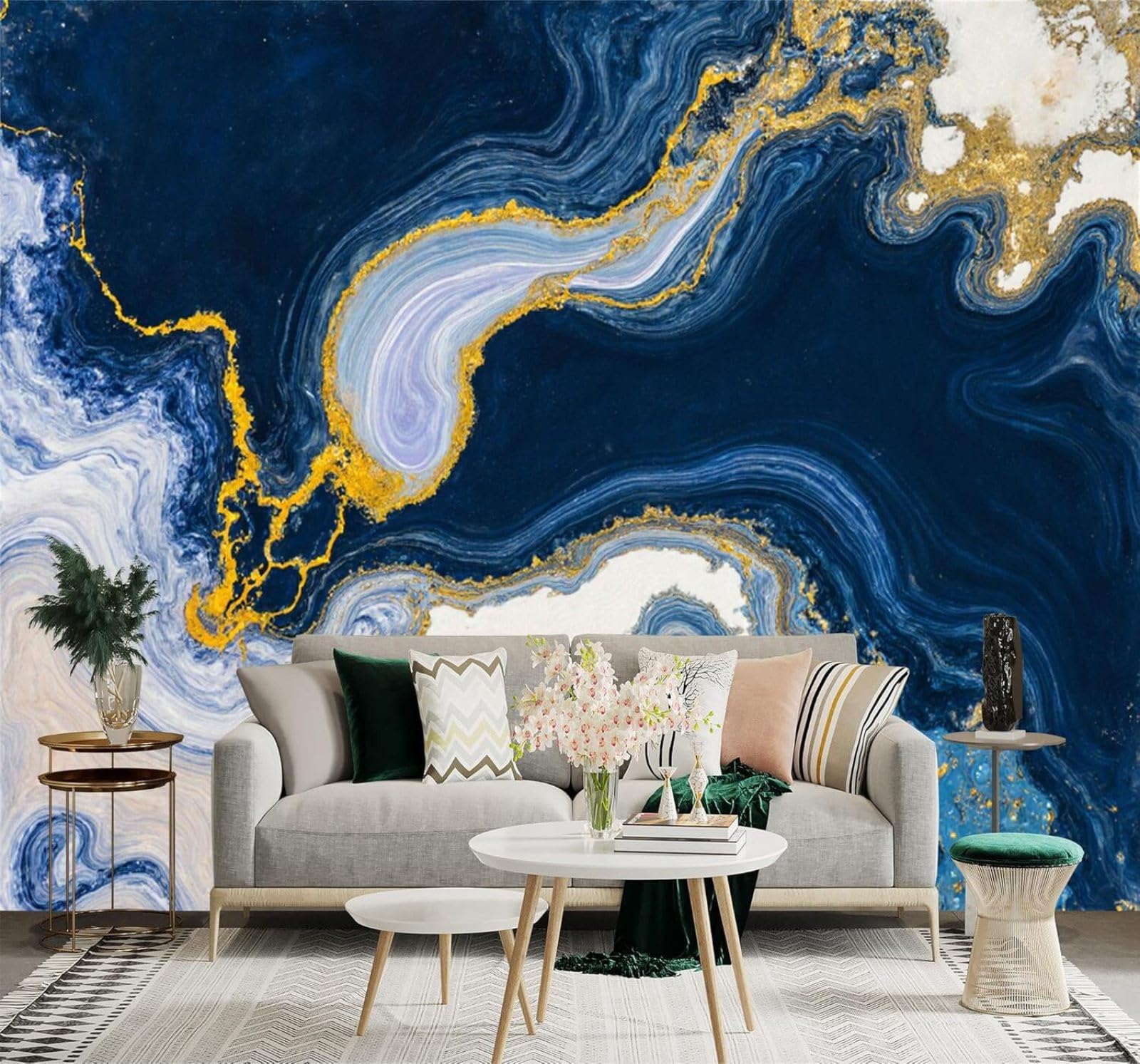 XLMING Abstract Blue and Gold Swirling Patterns Marble Texture 3D Wallpaper Premium Textured Silk Study Dining Living Room Bedroom Sofa TV Wall Easy Install-250cm×170cm