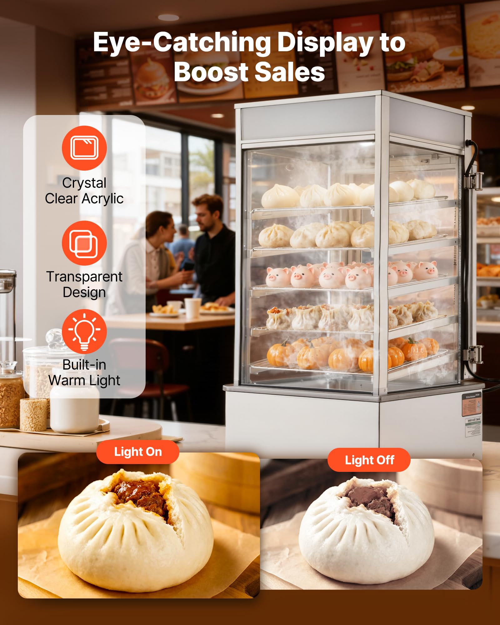VEVOR Espositore Scaldavivande Commerciale a 5 Ripiani, Espositore Scaldavivande da 1200 W con Luce LED, Ripiano Regolabile e Struttura in Acciaio Inossidabile da 120 L per Hamburger, Pizza, Pane