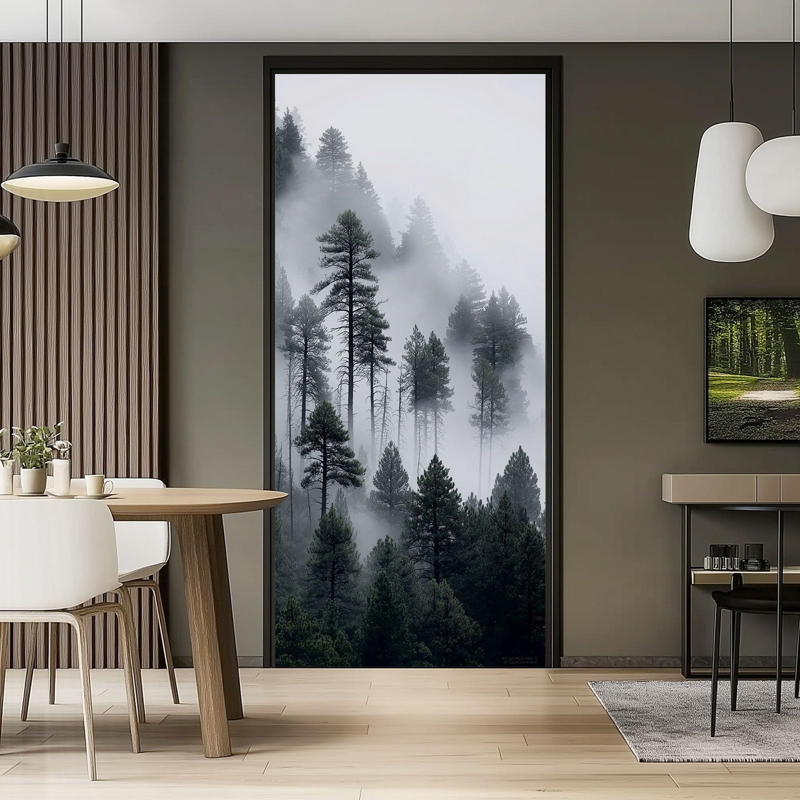 Naklejka na drzwi natura las - samoprzylepny plakat ścienny Mgła sosnowy las, zdejmowana tapeta artystyczna dekoracja jasnoszara do sypialni salon łazienka kuchnia, 95 x 215 cm