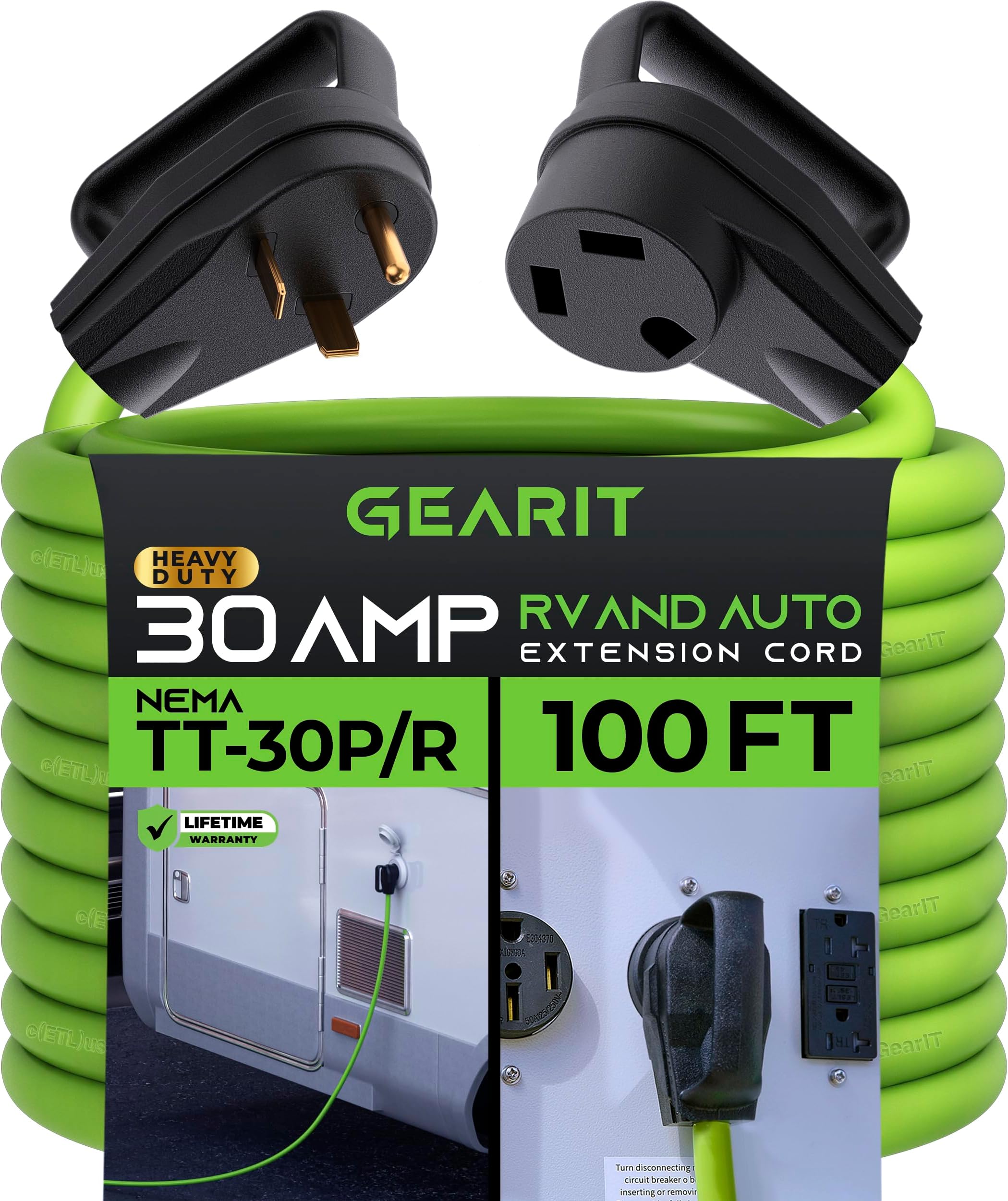 GearIT 30Amp Extension Cord for RV and Auto, (100Feet) 3Prong 125