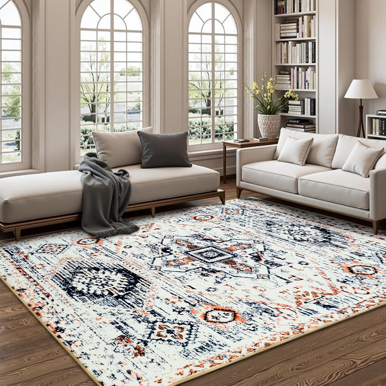 Product image of Soft 4x6 Area Rugs for Living Room Bedroom, Washable Foldable Vintage Floral Area Rug, Non-Slip Low Pile Pet & Kid Friendly Rug, Ultra-Thin Accent Indoor Floor Carpet for Kitchen Dining Office Grey