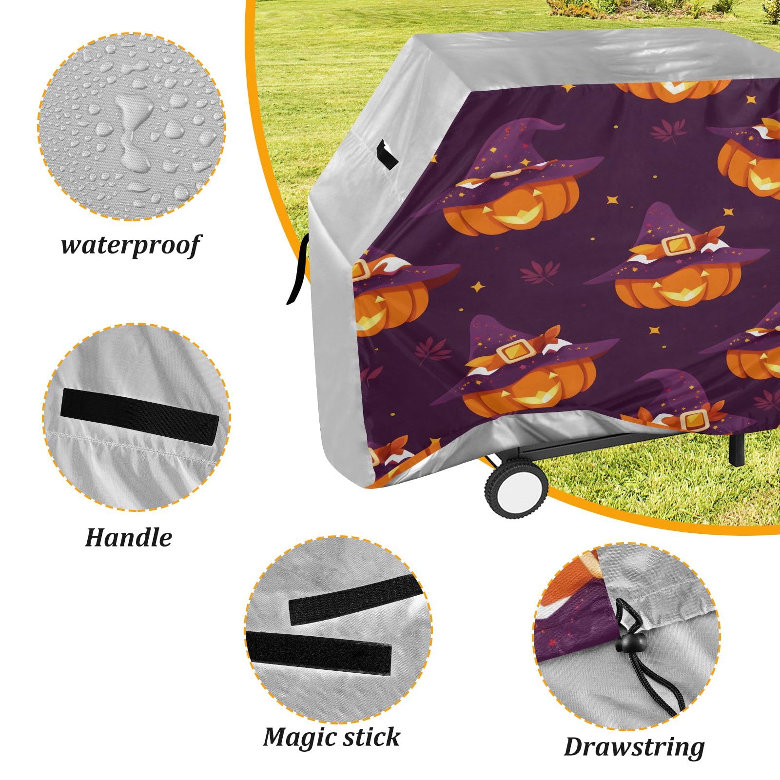 Copertura per barbecue impermeabile di alta qualità, resistente allo sbiadimento, resistente, adatta per griglie fino a 25 cm di larghezza, con cappello magico e zucca