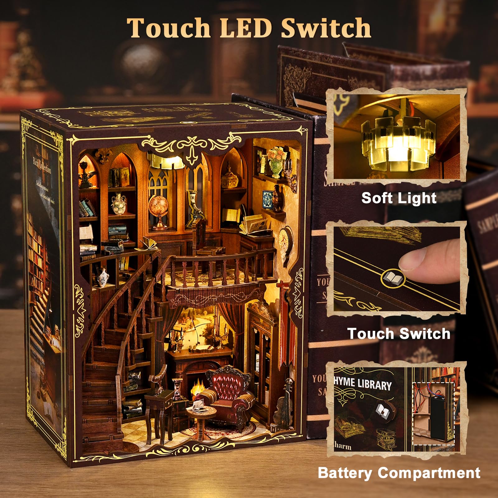 Casa Delle Bambole Kit, 3D in Legno Modellismo da Costruire con Luce Led, Piccola Casa in Miniatura DIY per Adulti, Regali Creativi Artigianali di Natale per il Compleanno (Biblioteca antica)