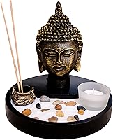 Vista 1 de Zen Garden - Escritorio de lujo para meditación, incluye gran estatua de cabeza de Buda, soporte para incienso e incienso, arena, rocas, soporte