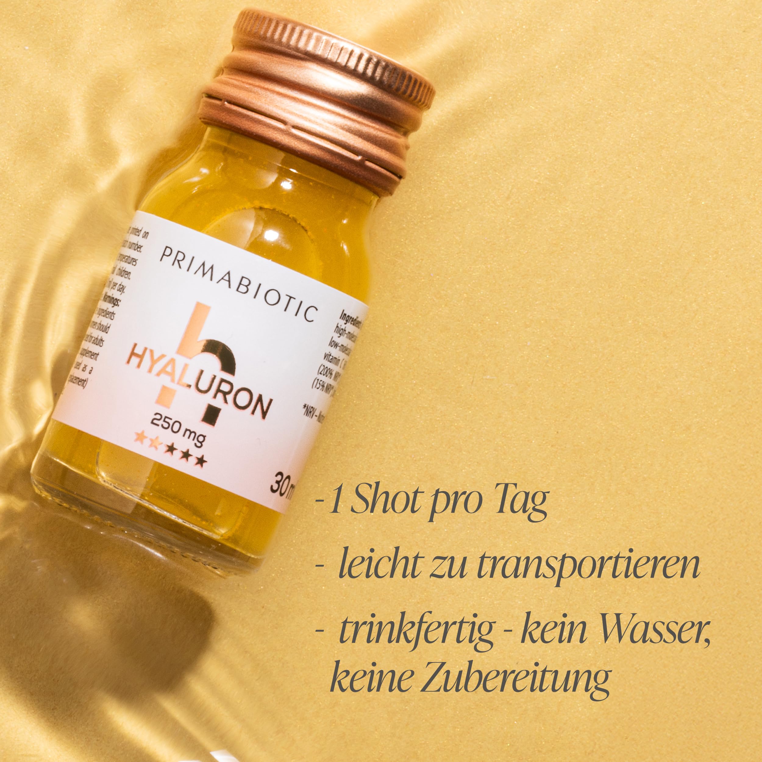 Hyaluronsäure Trinkampullen – Primabiotic Hyaluron 250 mg | 30 Shots à 30 ml (900 ml) | Veganer Flüssiger Beauty Drink mit Mangogeschmack | Für Tiefenhydration & Elastisches, Glattes Hautbild