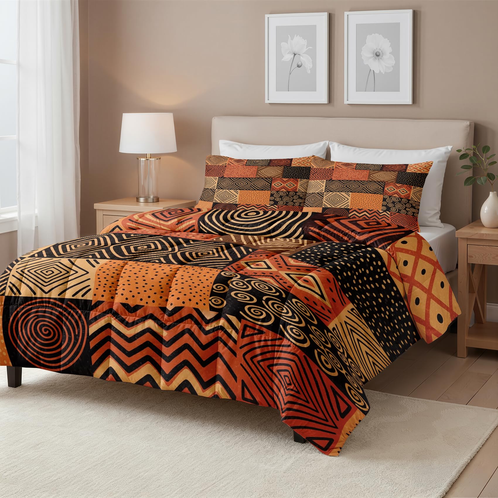 Couette 240x260 4 Saisons Africaine, Duvet 2 Personnes Douce Légère et Chaude, Couette Imprimée Réversible Ethnique Tribal, Edredon avec 2 Taies d'oreiller
