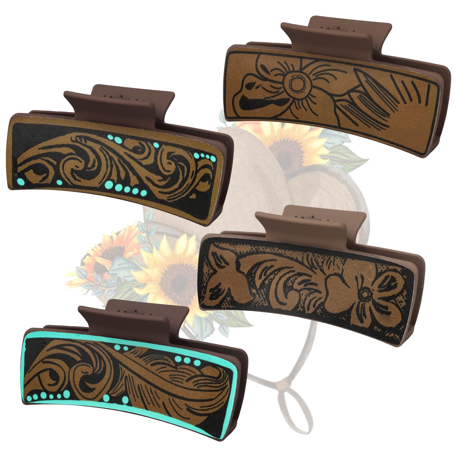 CIEHER 4 Pack Western Leather Hair Claw Clips Sunflower Floral Square Claw Clips Sea Wave Print Large Claws Western Cowgirl Stuff Gifts for Women