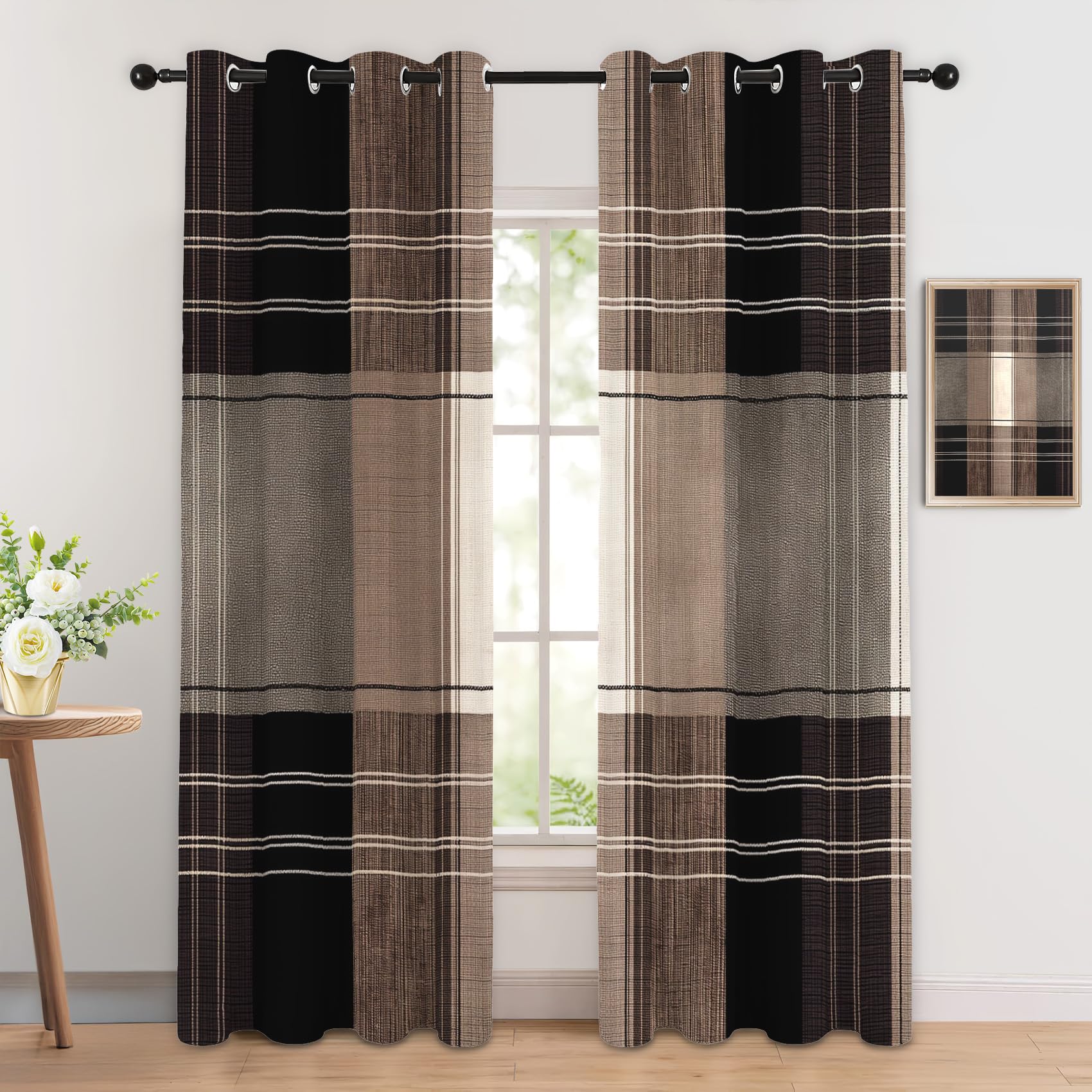 Luxfieo Buffalo Plaid Blackout Curtains for Living Room Bedroom - 108 Inch Drop Curtains 90x108, Brown Buffalo Check Gingham Patterned Window Treatments, Thermal Eyelet Drapes 2 Panels
