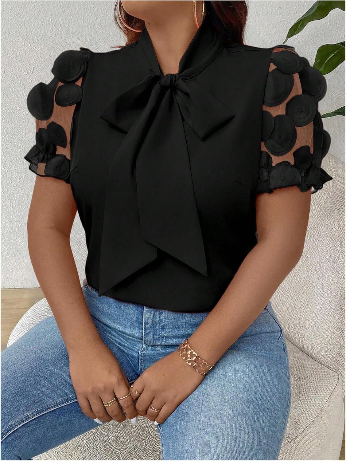 SHENHE Women's Plus Size Bow Tie Neck Blouse Mesh Short Sleeve Dressy Casual Business Work Top - Image 4