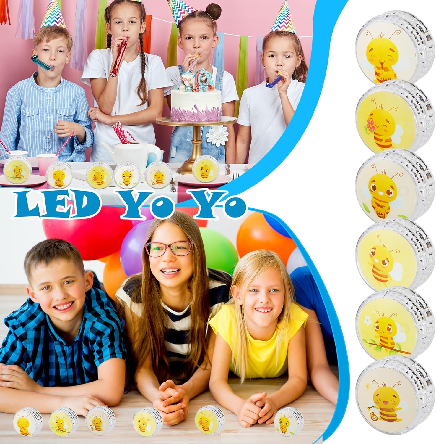 24 Pcs Bee Designs Light up Yo Yo Ball Bulk Responsive Ball Auto Return Bearing Balls Yoyo for Beginner Birthday Classroom Bag Fillers Prizes Gifts, 6 Styles