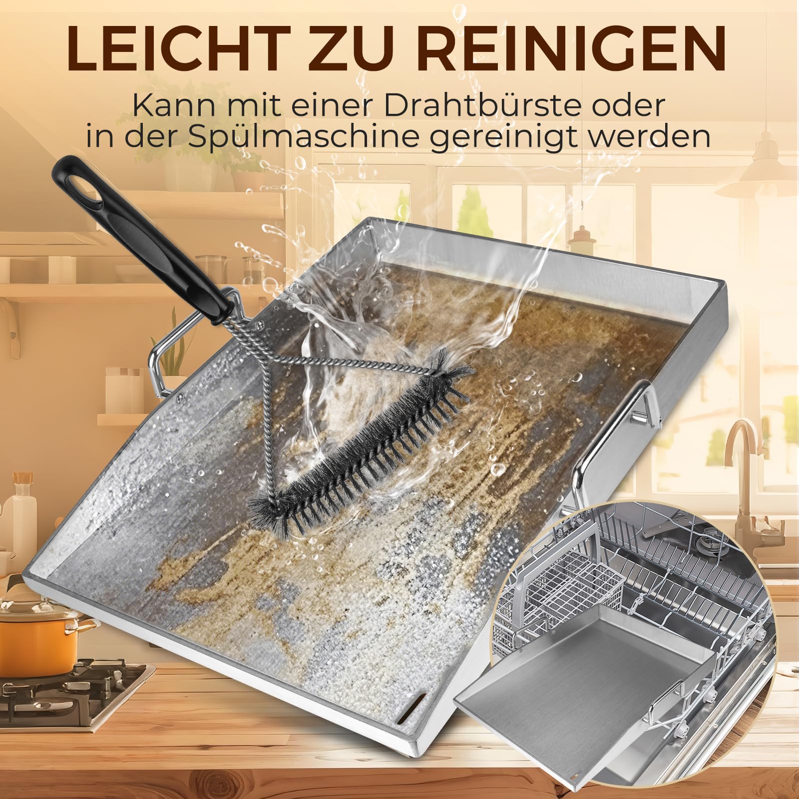 Grillplatte Plancha Geschenke für Männer Frauen, Grillplatte aus 4mm rostfreiem Edelstahl [40 x 30cm]-mit Griff, Enthalten Grillspachtel Set & Reinigungsbürste, Grill Platte für Gasgrill & Kohlegrill