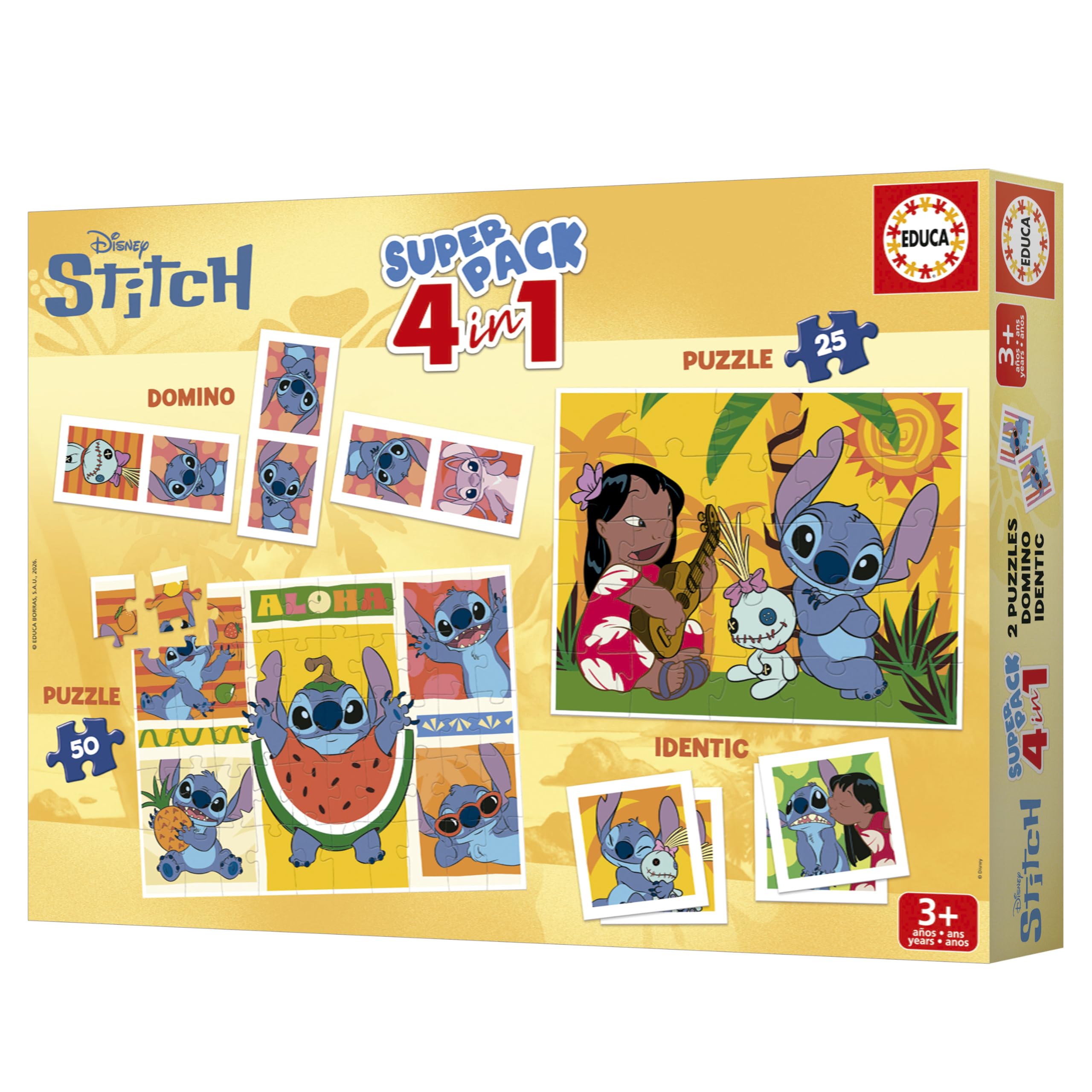 Educa - Stitch Superpack 4 in 1 | Cofanetto Giochi Bambini Disney: 2 Puzzle 25 e 50 Pezzi, Domino 28 Tessere, Memory 28 Carte | Licenza ufficiale Disney | Dai 3 anni (20474)