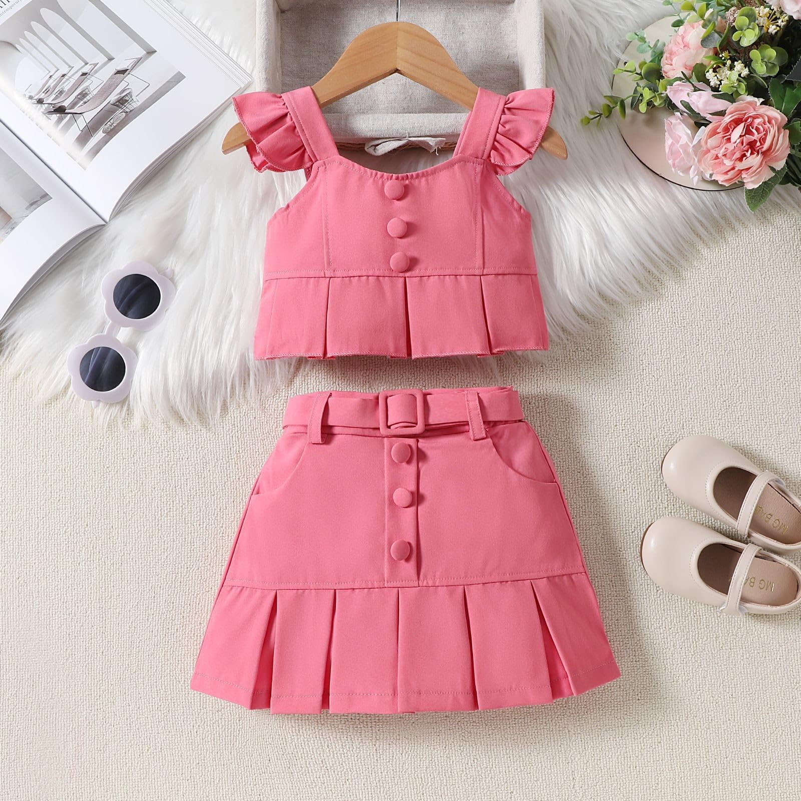 Generic Gift Set Toddler Baby Girl Skirts Outfit Spring Summer Kids Clothes Sleeveless Knit Vest Top + Pleated (Pink, 5-6 Years), SWKBu7I9m