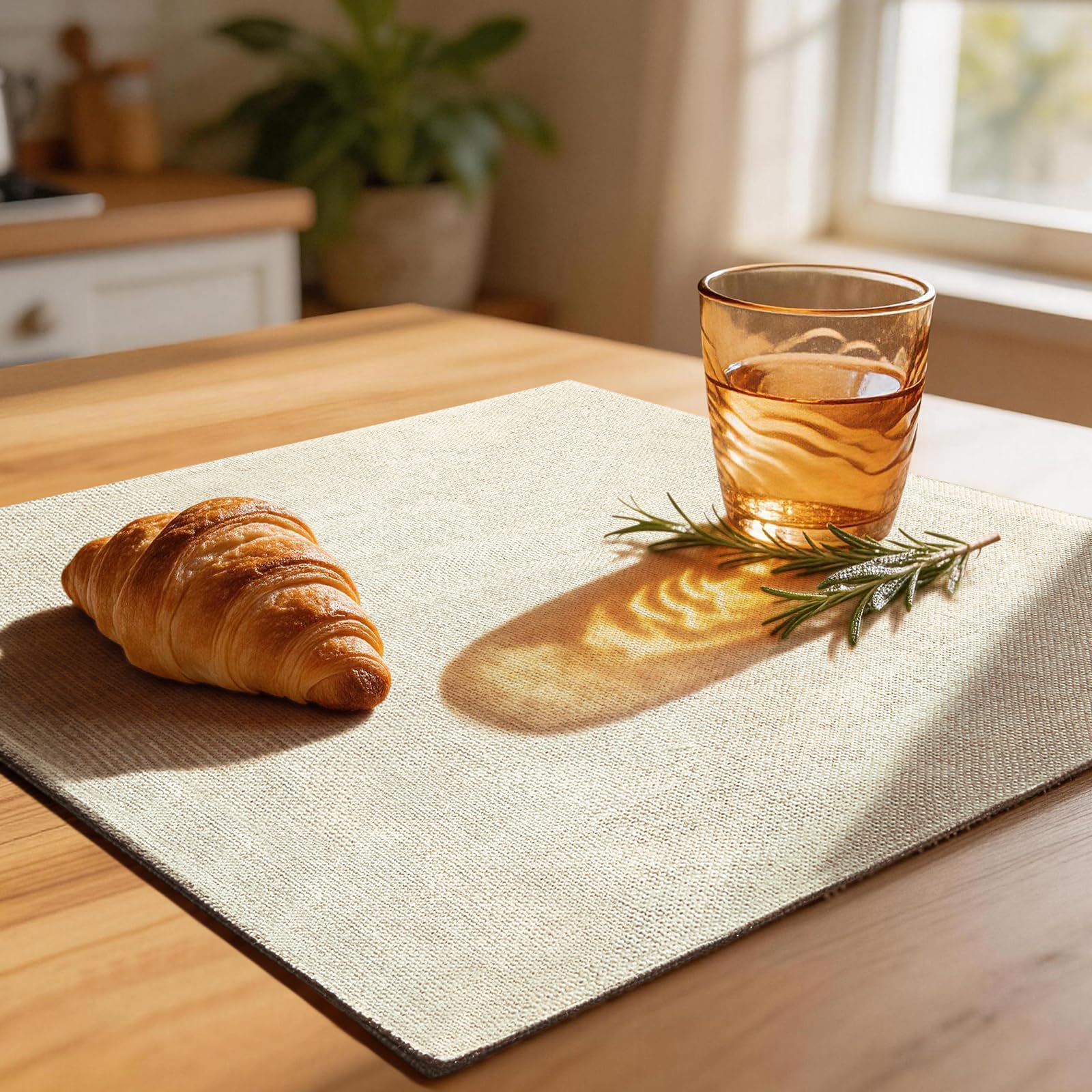 Linen Fabric Placemats Set of 6, Machine Washable, Heat Resistant, Wrinkle Free, Thick Polyester Kitchen Place Mats for Dining Table (Beige)