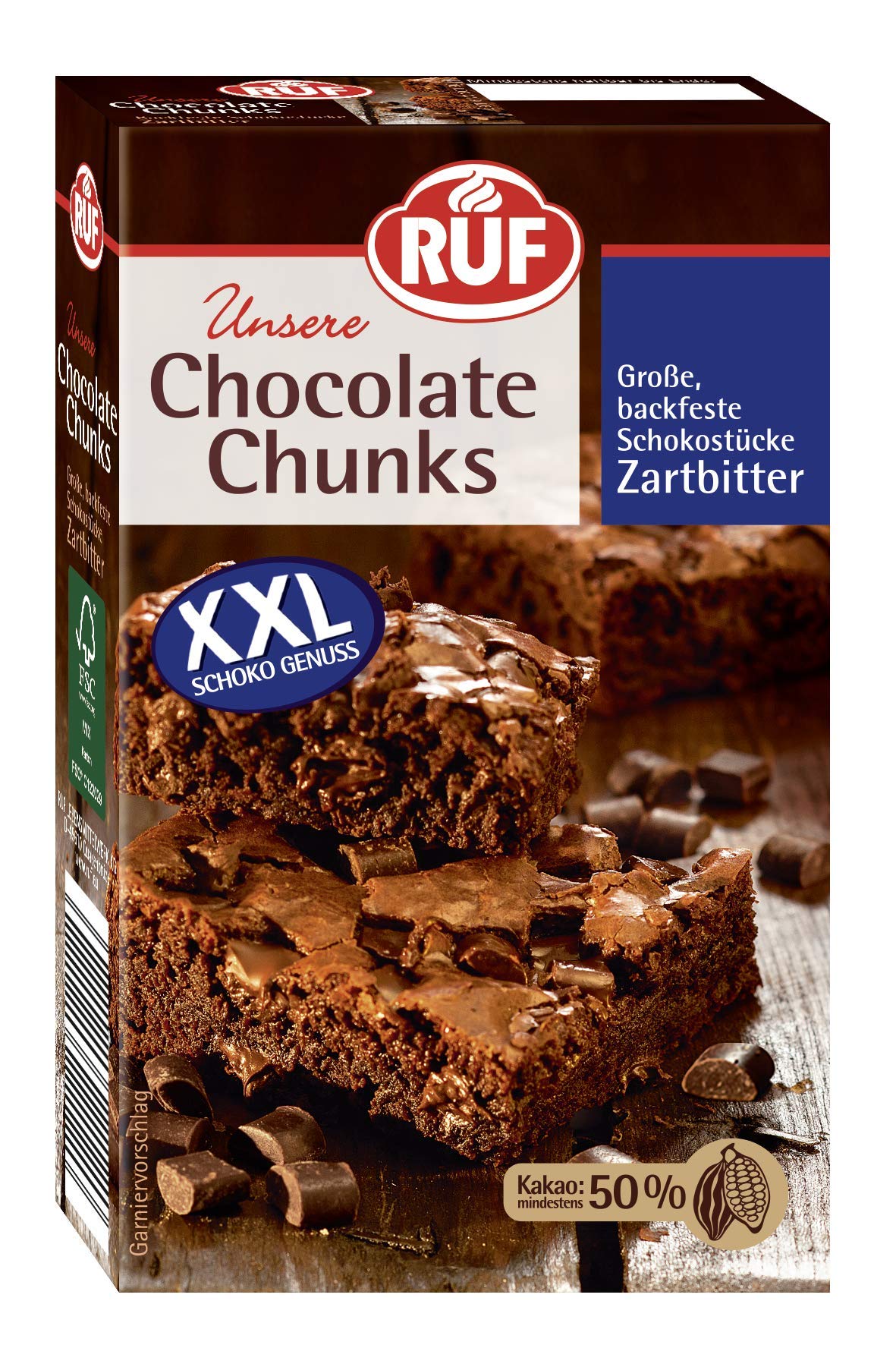 RUF Chocolate Chunks Zartbitter, Backfeste, dunkle Schokoladen-Tropfen, XXL Schoko-Drops zum Backen, vegane Schokoladen-Stücke, glutenfrei, 1x100g