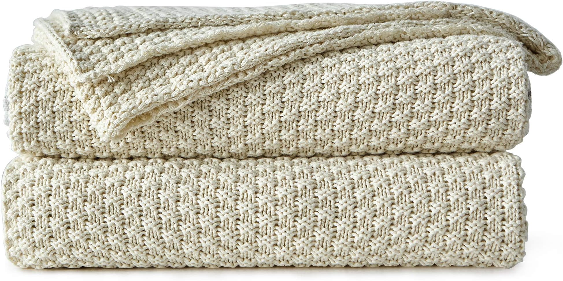Longhui bedding Cream Knitted Throw Blanket for Couch, Soft, Cozy Machine Washable 100% Cotton Sofa Knit Blankets, Heavy 3.0lb Weight, 51 x 63 Inches, Beige Color