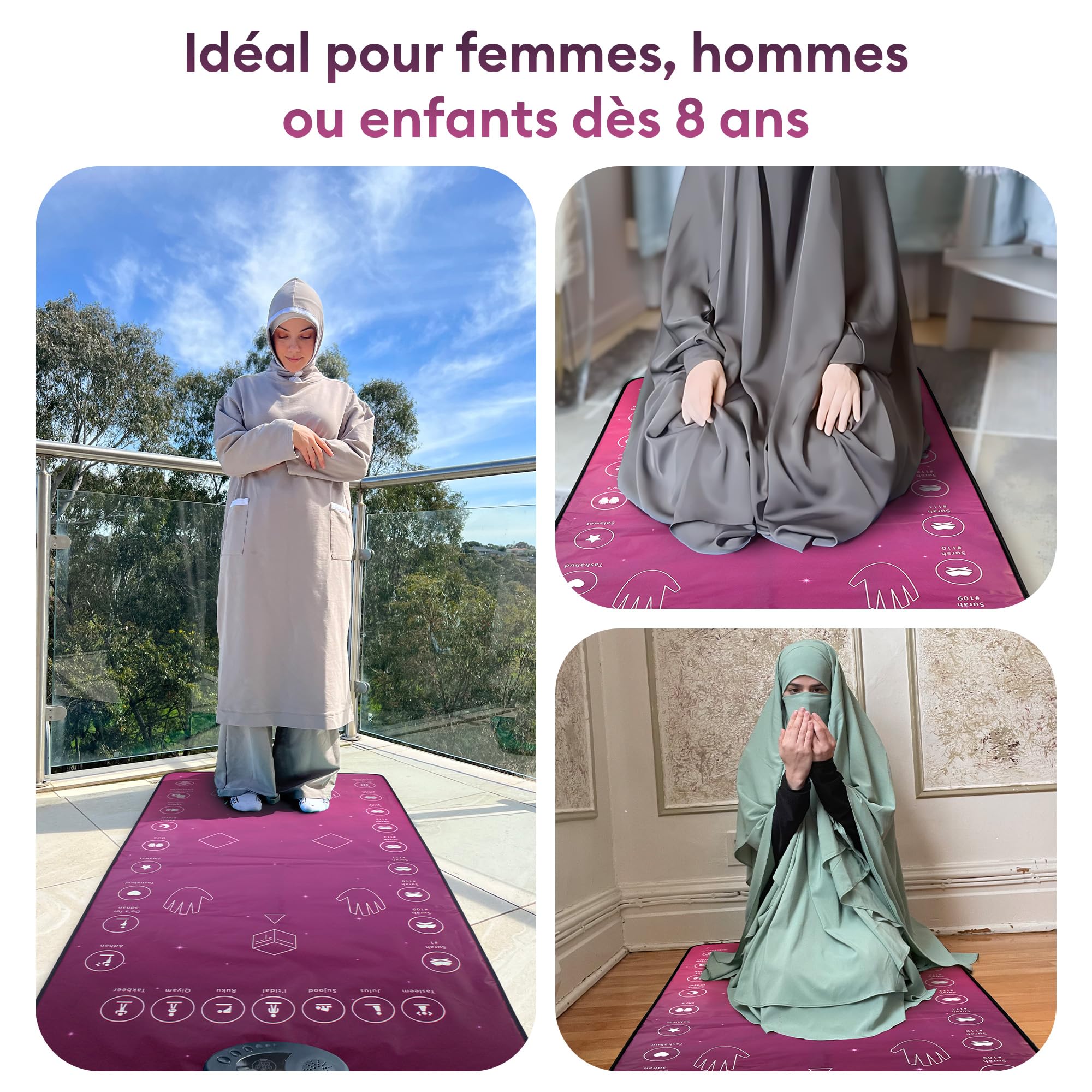 My Salah Mat Adultes – Tapis de Prière Intelligent Rose pour Apprendre Surates Salah Duas – Tapis Musulman avec 25 Touches Haut-Parleur Coran Arabe Français – Dès 8 Ans