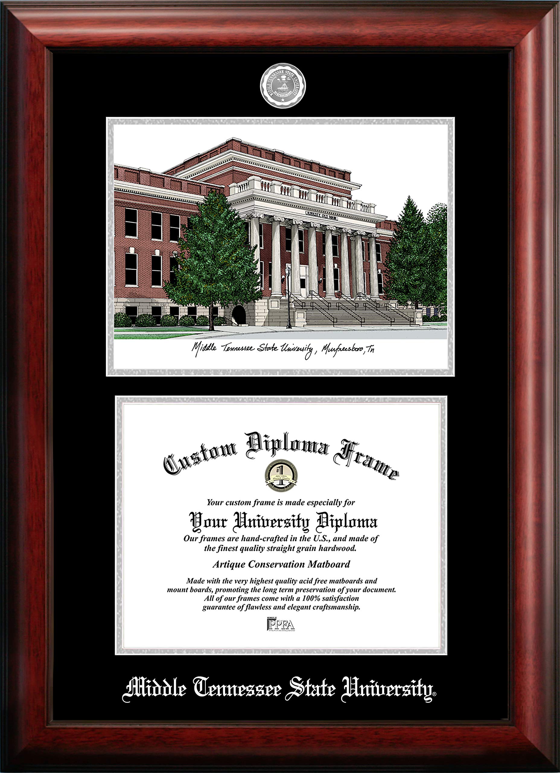 Campus Images NCAA Middle Tennessee State Blue Raiders Unisex Silver Medallion Frame Middle Tennessee State University 11w x 8.5h Silver Embossed Diploma Frame Lithograph, Brown, One Size