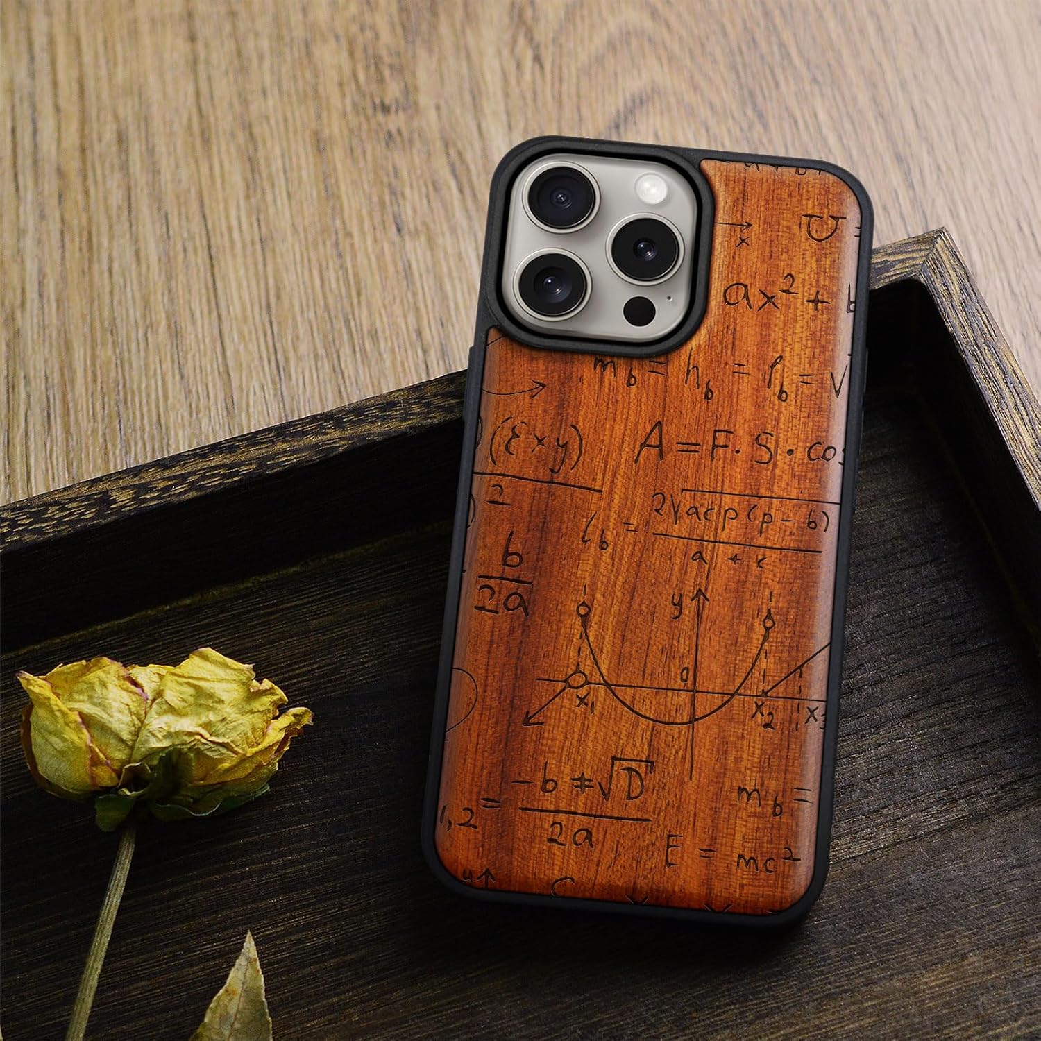 Carveit Magnetic Wooden Case for iPhone 15 Pro Max Case, Compatible with MagSafe Wireless Chargers, Black Soft TPU Shockproof Cover & Wood Artisan Engraved (The Language of Universe) - Rosy