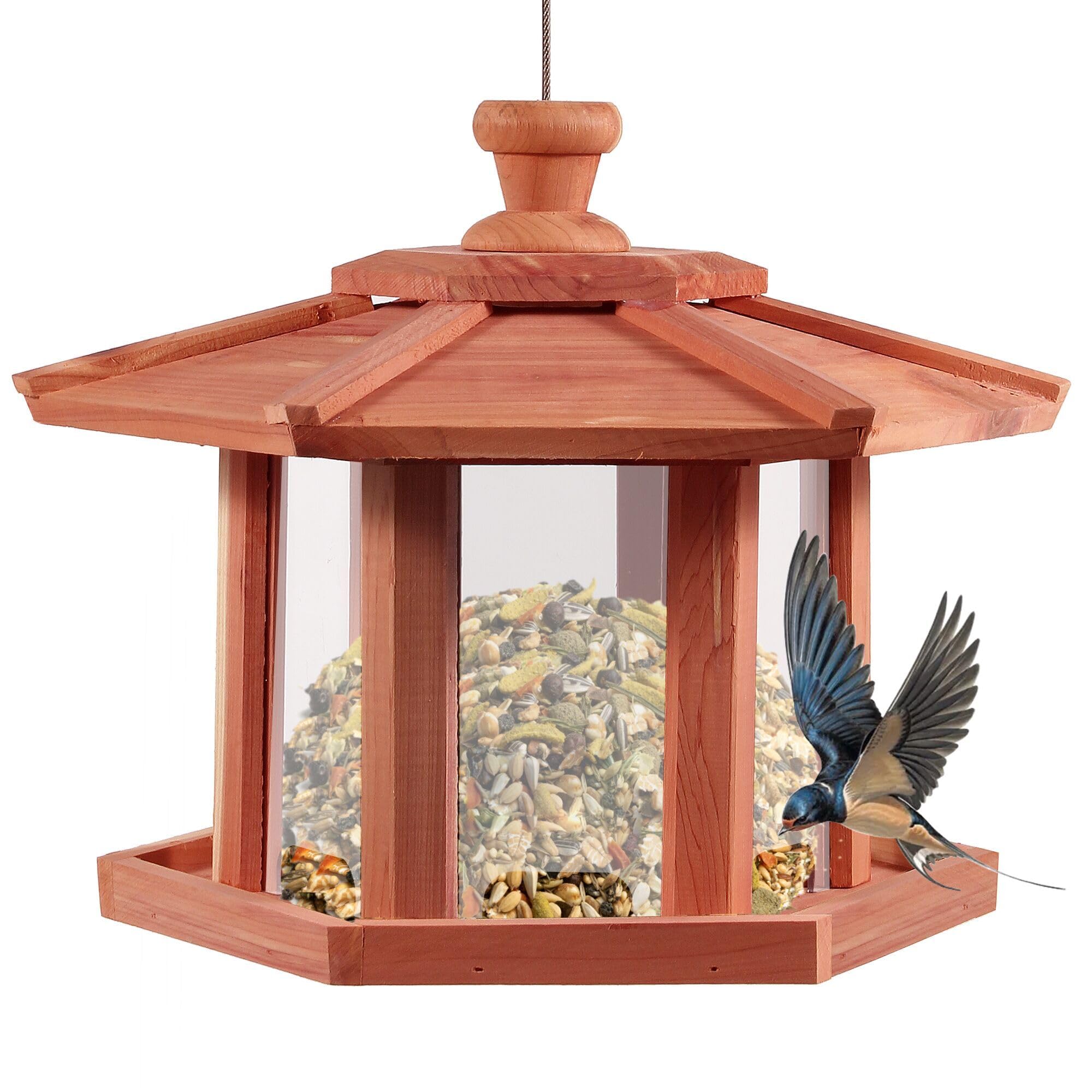 Wild Bird Feeders for Outdoor Hanging?Hexagon Shaped Bird Feede?USA Cedar? Hollow Mesh Tray,Easy to Clean & Refill