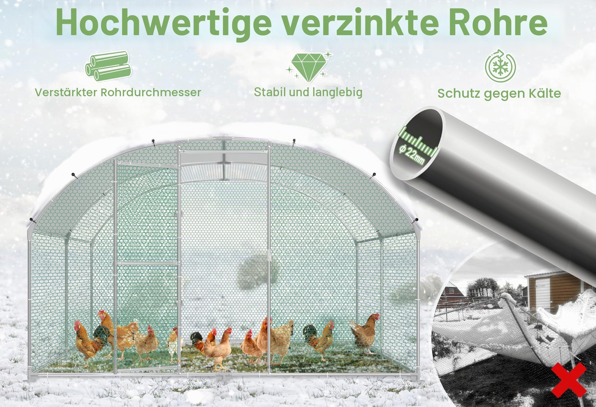 Hühnerstall Freilaufgehege 3x6x2m, Verzinkter Stahlrahmen Geflügelstall Hühnerhaus Bogenform Design mit Sonnenschutzdach, Outdoor Hühnerkäfig Voliere für Hühner, Enten, Kleintiere