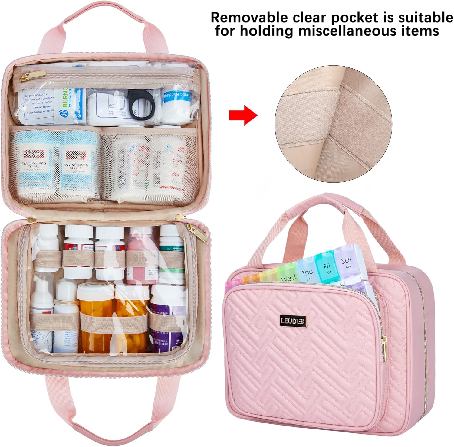 Leudes Travel Pill Bottle Organizer,Medicine Organizer and Storage,Home Medication Bag, Cases,Carrier for Pills,Vitamin,Fish Oil,Supplements for Women and Men (Medium, Pink) - Image 4