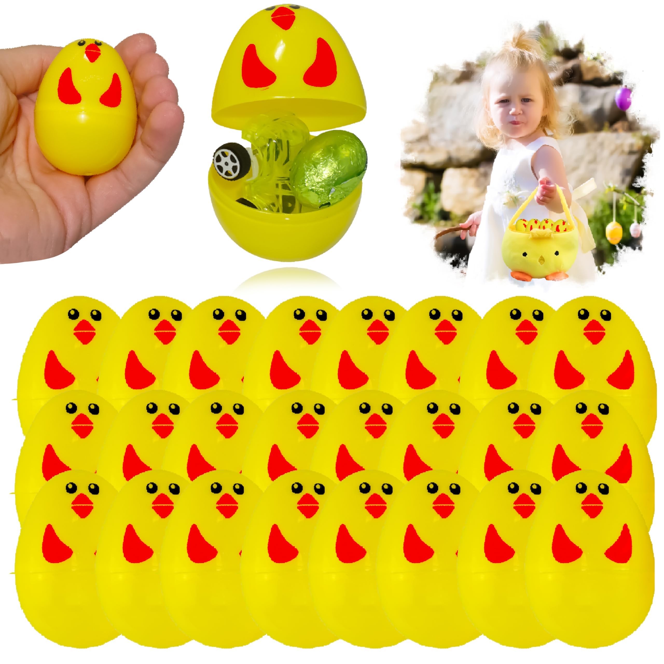 HOVUK 24x Yellow Easter Chick Fillable Plastic Surprise Eggs, Chick Eggs to Fill with Easter Hunt Sweets Chocolate Gifts, Easter Eggs Fillers for Easter Decorations, Size – 6cm