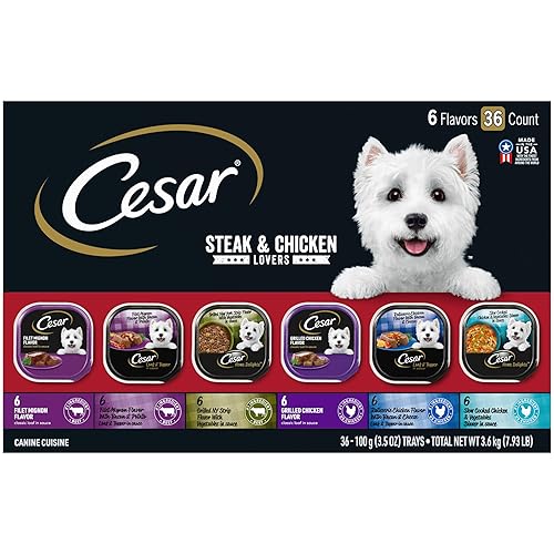 Cesar Wet Dog Food Classic Loaf in Sauce, Steak and Chicken Lovers Variety Pack with Real Meat or Real Chicken, 3.5 oz. Easy Peel Trays (36 Count, Pack of 1) - Steak & Chicken Lovers - 36 Count (Pack of 1)