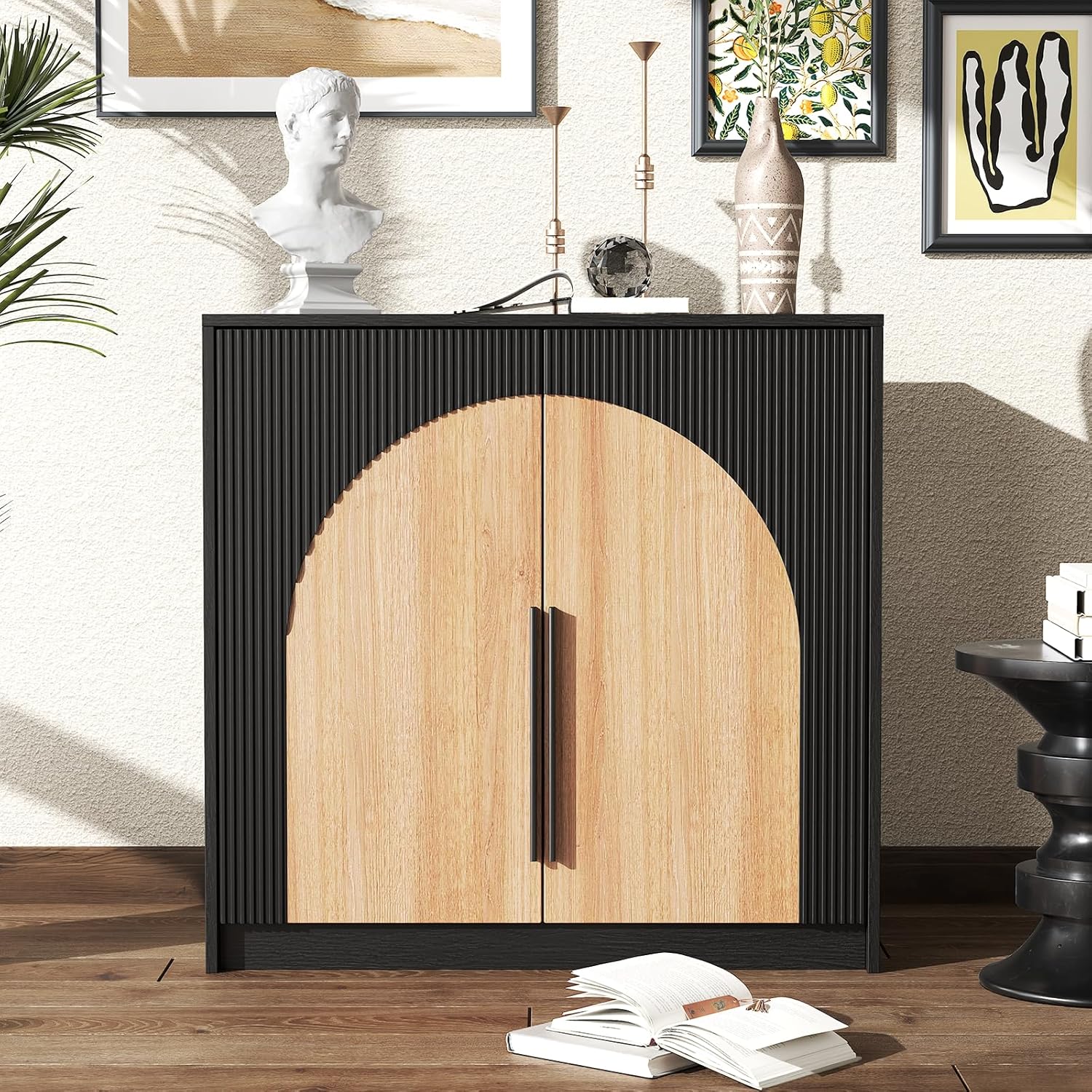 Fluted Buffet Sideboard Cabinet Small Blcak Coffee Bar Credenza Modern Buffet Table Arched Modular Storage Cabinet Console Furniture for Dining Room Living Room Pantry Hallway Caramel