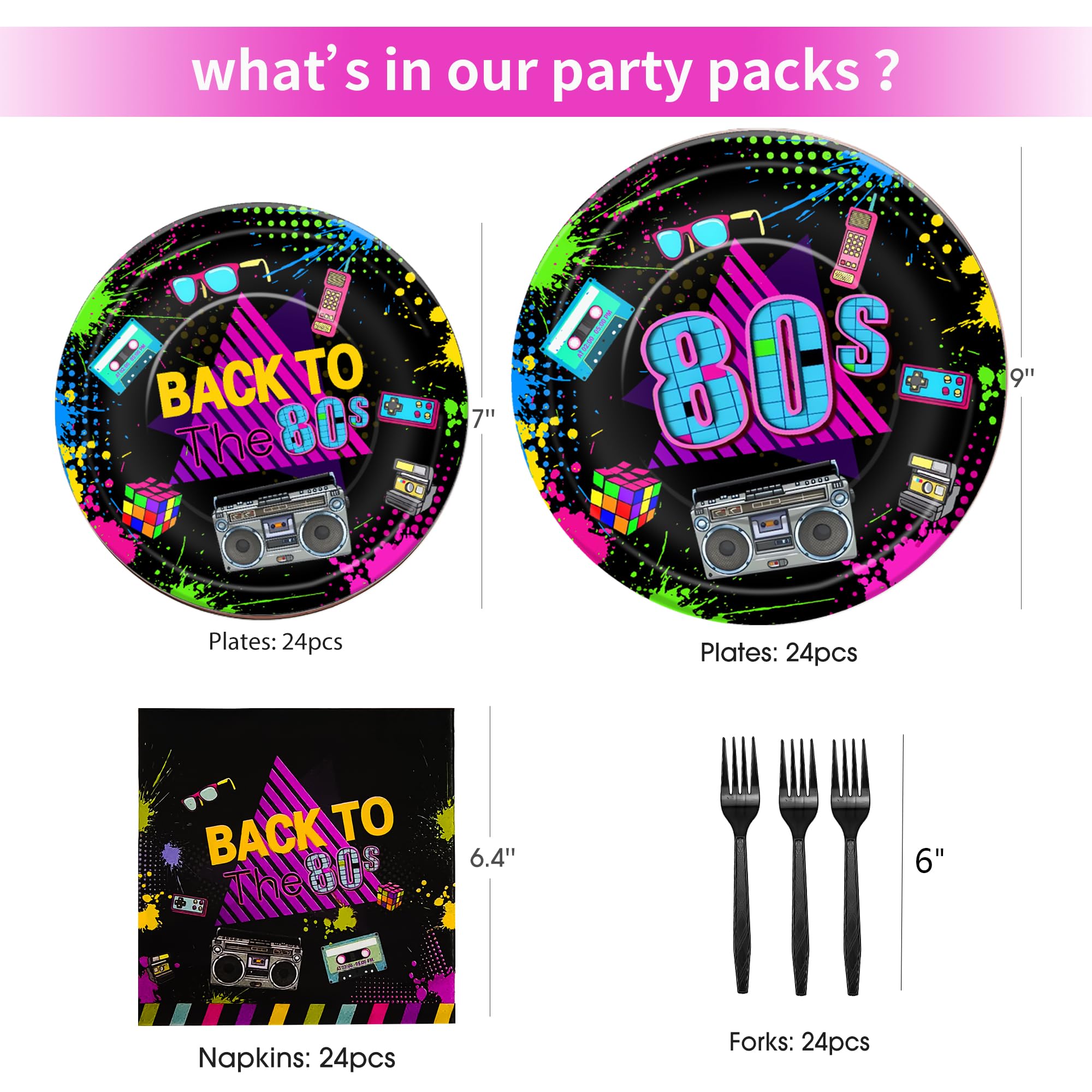 PYCALOW 80s Party Decorations Tableware - 80s Decorations Paper Plates And Napkins Party Supplies, Dinner Plate, Dessert Plate, Napkin, Fork, 80's Theme Birthday Table Decorations | 24 Guests