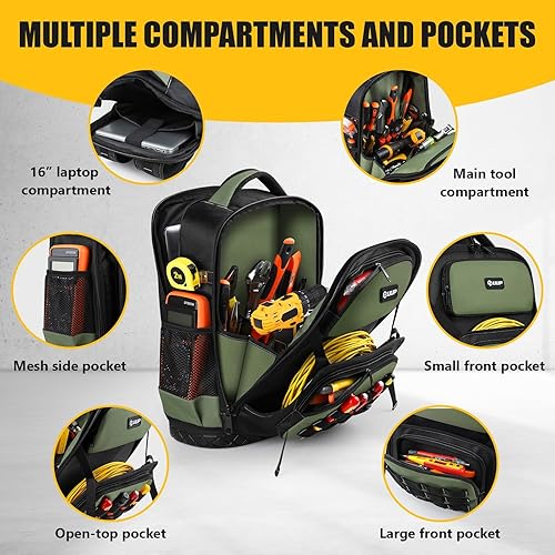 Miniatura 3 de Mochila de herramientas resistente, bolsa de herramientas vacía grande con parte inferior dura moldeada impermeable, mochila de almacenamiento para