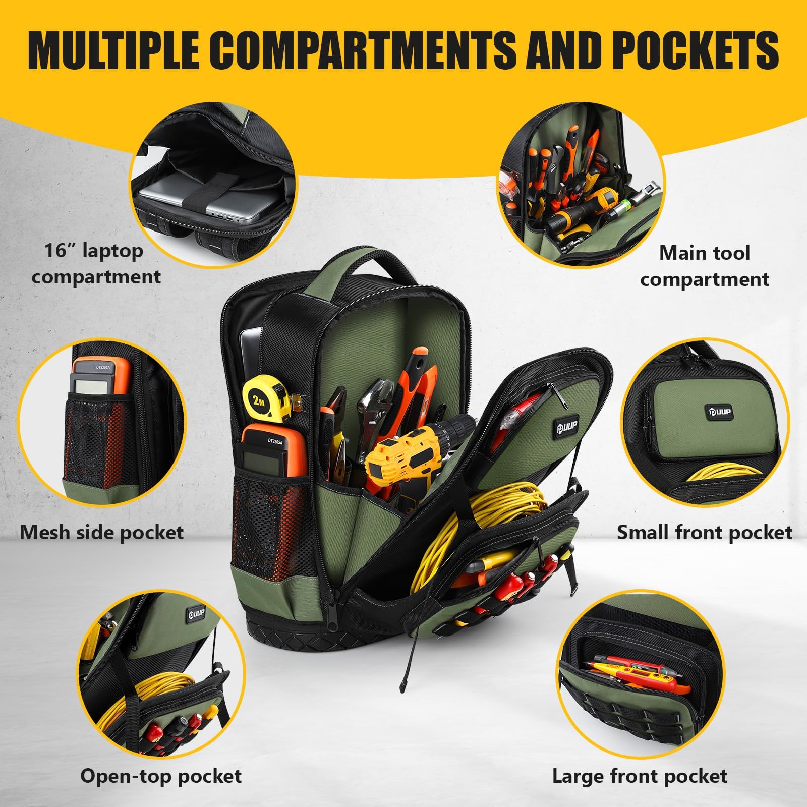 UUP - Mochila de herramientas resistente, organizador grande de bolsas de herramientas vacías con parte inferior dura moldeada impermeable, mochila de almacenamiento para laptop, para técnicos de HVAC