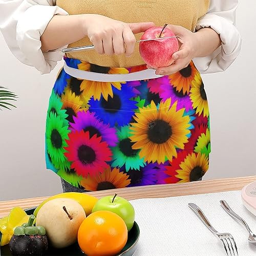 Miniatura 4 de Delantal de media cintura de girasol con 3 bolsillos ajustables para cocinero con correa larga delantales para mujeres, hombres, cocina,