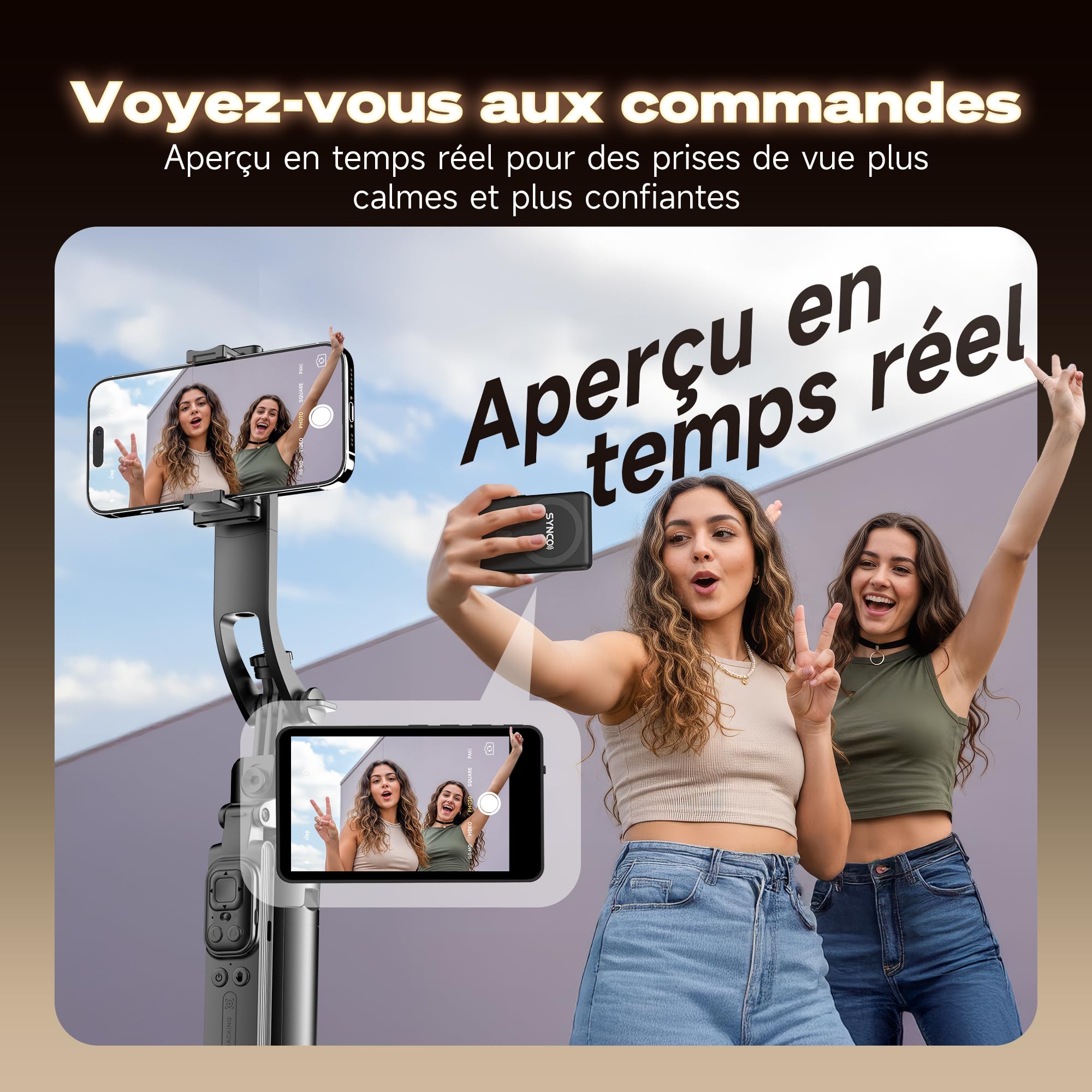 SYNCO XView Écran Moniteur Selfie pour iPhone 7-17 & Android (Noir) | Sans Fil 50m, Batterie 3H, Support 1080p, Latence 40ms, Retour Caméra Arrière, Haut-Parleur Intégré pour Vlog & YouTube