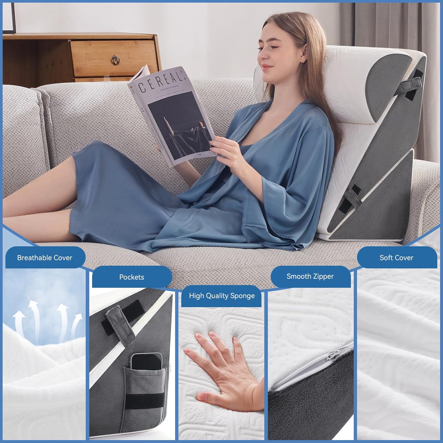 Negwoo Wedge Pillow Set for After Surgery, 3 PCS Bed Wedge Pillow for Sleeping, Memory Foam Orthopedic Back Pillow for Pain Relief and Acid Reflux, Adjustable Post Surgery Pillow Grey