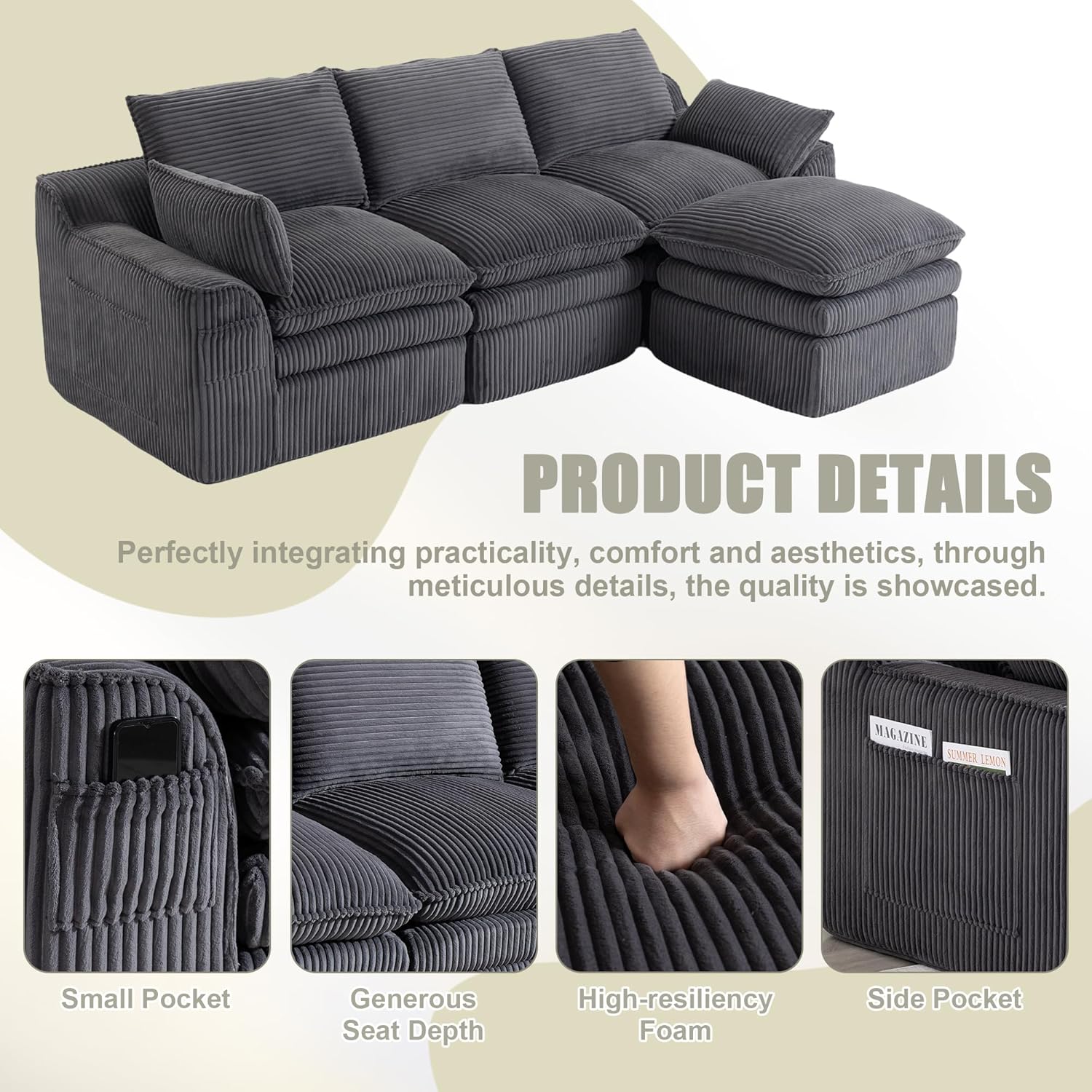 KEIKI 104" Oversized L-Shaped Modular Sectional Couch for Living Room, Boneless Corduroy Cloud Sofa with Ottoman, Compressed Modular Sofa No Assembly Required, Deep Seat for Apartment, Gray