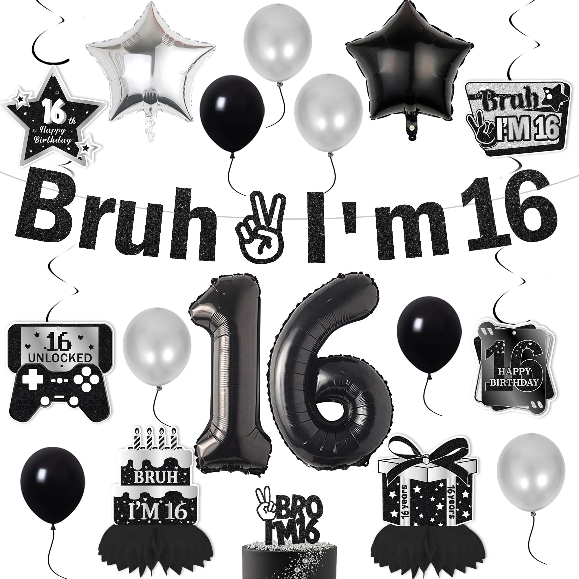 Bruh 16th Birthday Decorations for Boys - Bruh I'm 16 Banner Number Heart Balloons Honeycomb Centrepieces, Cake Topper Black Blue 16 Years Old Boys Party Supplies