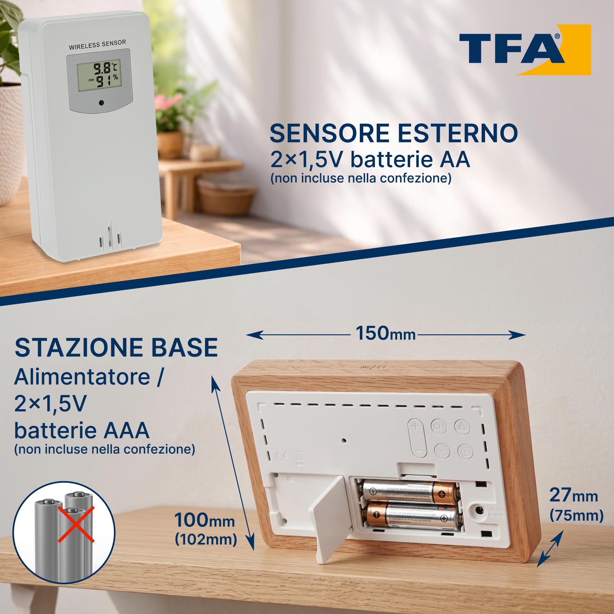 TFA Dostmann Stazione meteo con sensore esterno OAK, 35.1167.54, radio, previsioni meteo, con telaio in legno, temperatura interna ed esterna, con suggerimento di aerazione, dimmerabile, marrone