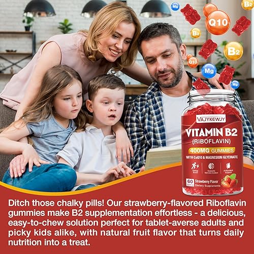 Miniatura 7 de Gomitas de riboflavina con vitamina B2 de 400 mg para apoyo energético y metabolismo, gomitas veganas con sabor a fresas, sin OMG, sin gluten, 120