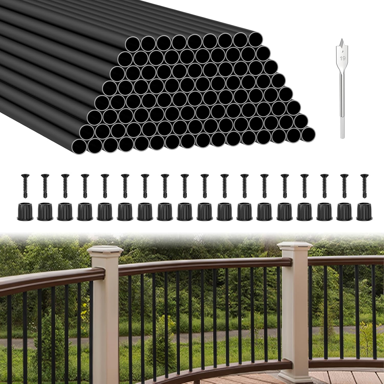 BLIKA 100 Pack 32" Aluminum Deck Balusters with Connectors/Screws, 3/4" OD Hollow Round Aluminum Balusters for Deck Railing, Black Metal Deck Balusters Staircase Spindles Round-32" 100