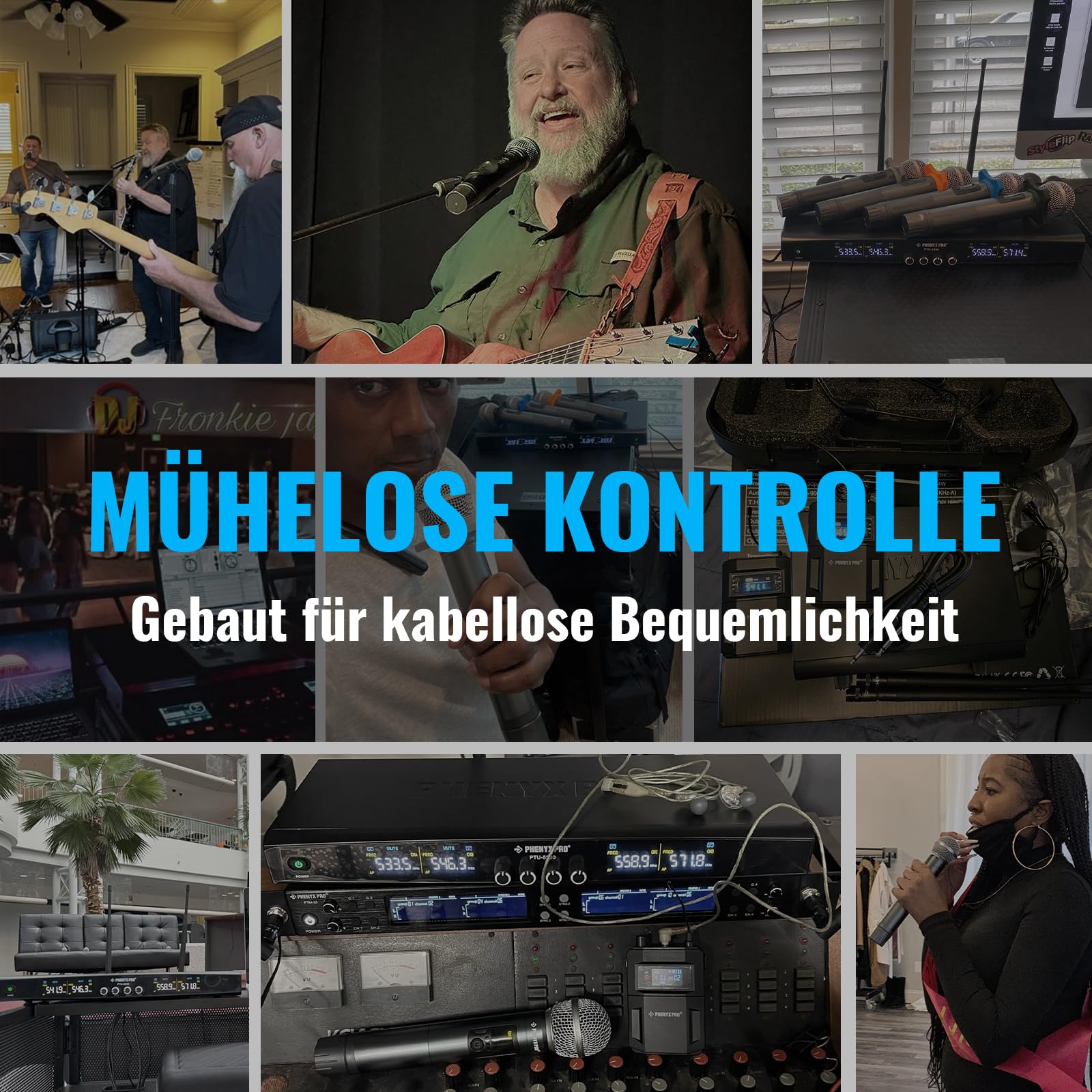 Phenyx Pro 4-Kanal UHF Funkmikrofon-System PTU-5200-4H | 4 kabellose Handmikros, 4 x 25 Frequenzen, 200 ft Reichweite, Gesang, Karaoke, Gottesdienste, DJ-Sets