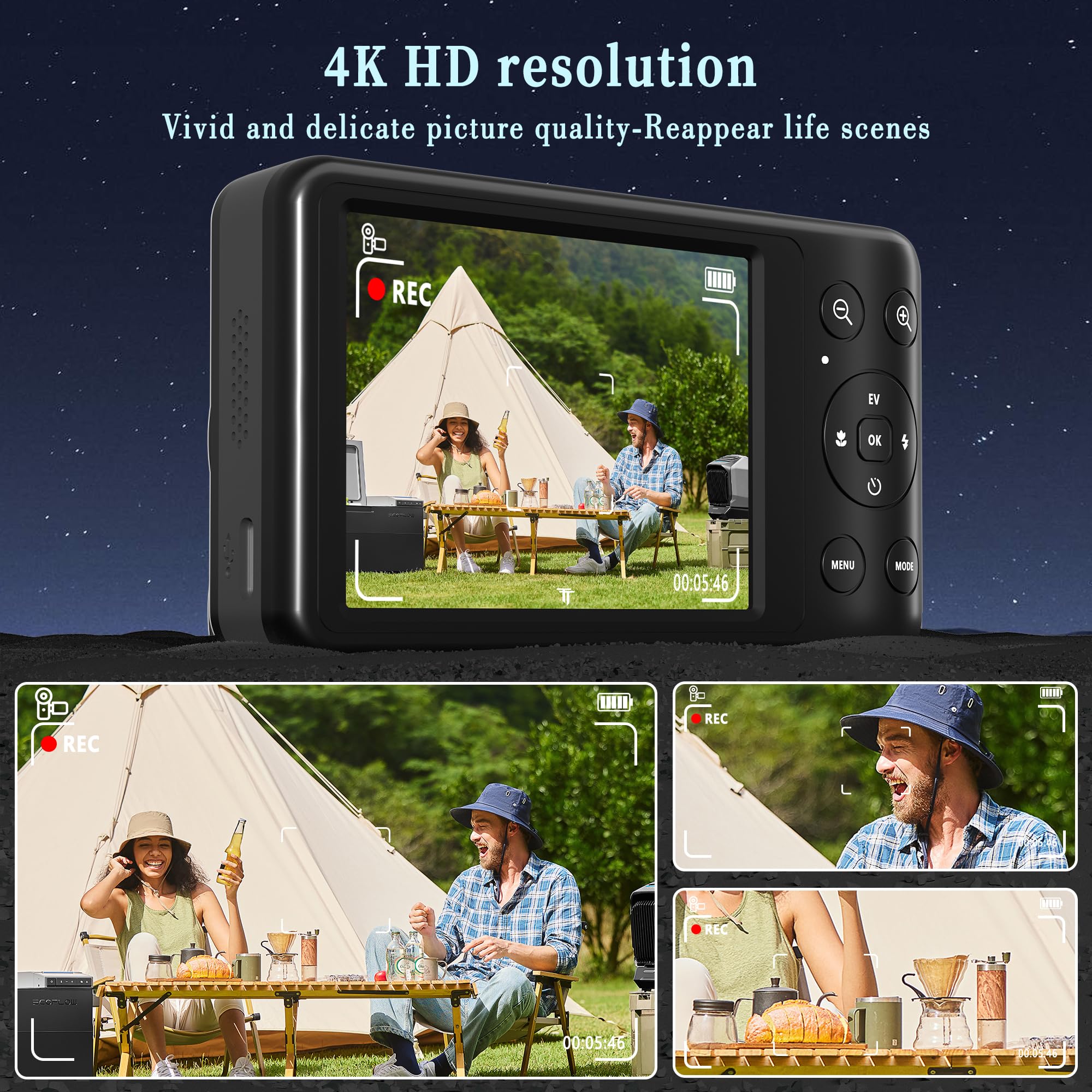 Fotocamera digitale 4K 64MP: zoom ottico 12X fotocamera digitale compatta portatile con autofocus, anti-shake e scheda tascabile da 64 GB per vlogging viaggi per adulti adolescenti studenti