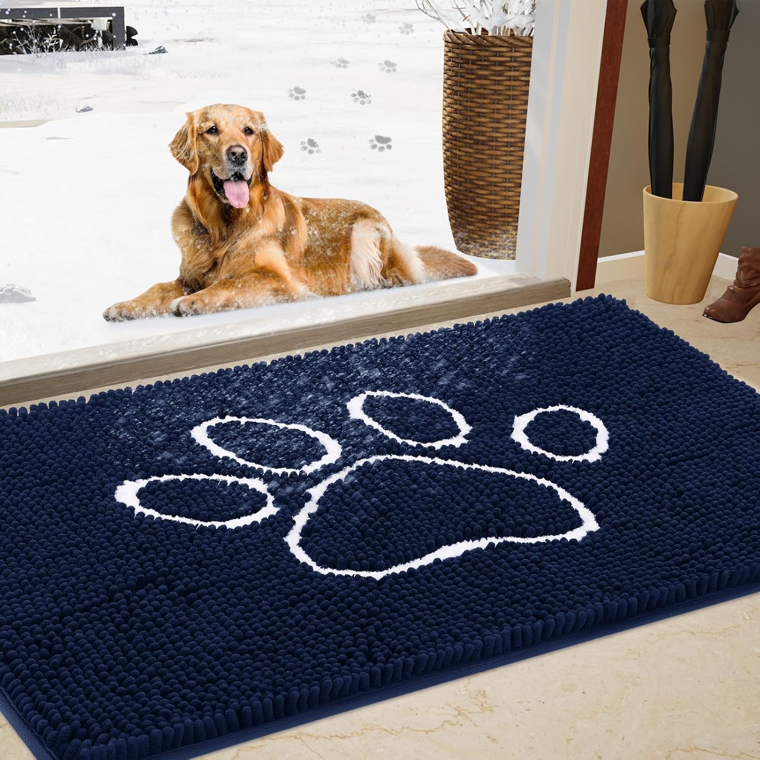 Dog Door Mat for Muddy Paws, Pet Rug Chenille Absorbent Outdoor Doormat 48"x 30", Non Slip Heavy Indoor Doormat Soft Front Inside Doormats for Entryway, Mud Paws, Patio,Dog Paw Navy Blue