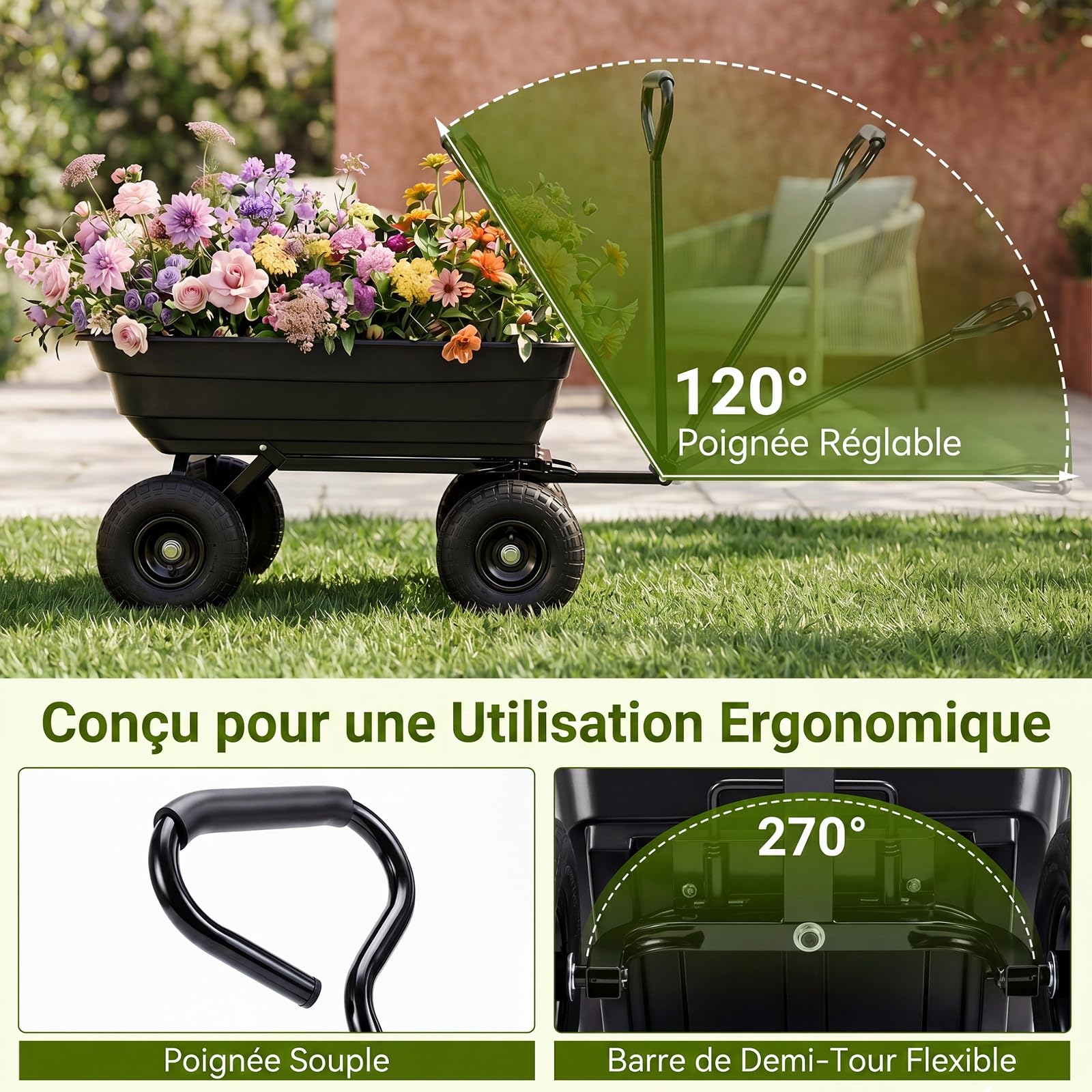 COSTWAY Chariot de Jardin avec Benne Basculante 75 L, Brouette de Transport avec Poignée Réglable 4 Grandes Roues Tout-Terrain Cadre Métallique, Charge 300 kg, pour Terrasse Camping Shopping