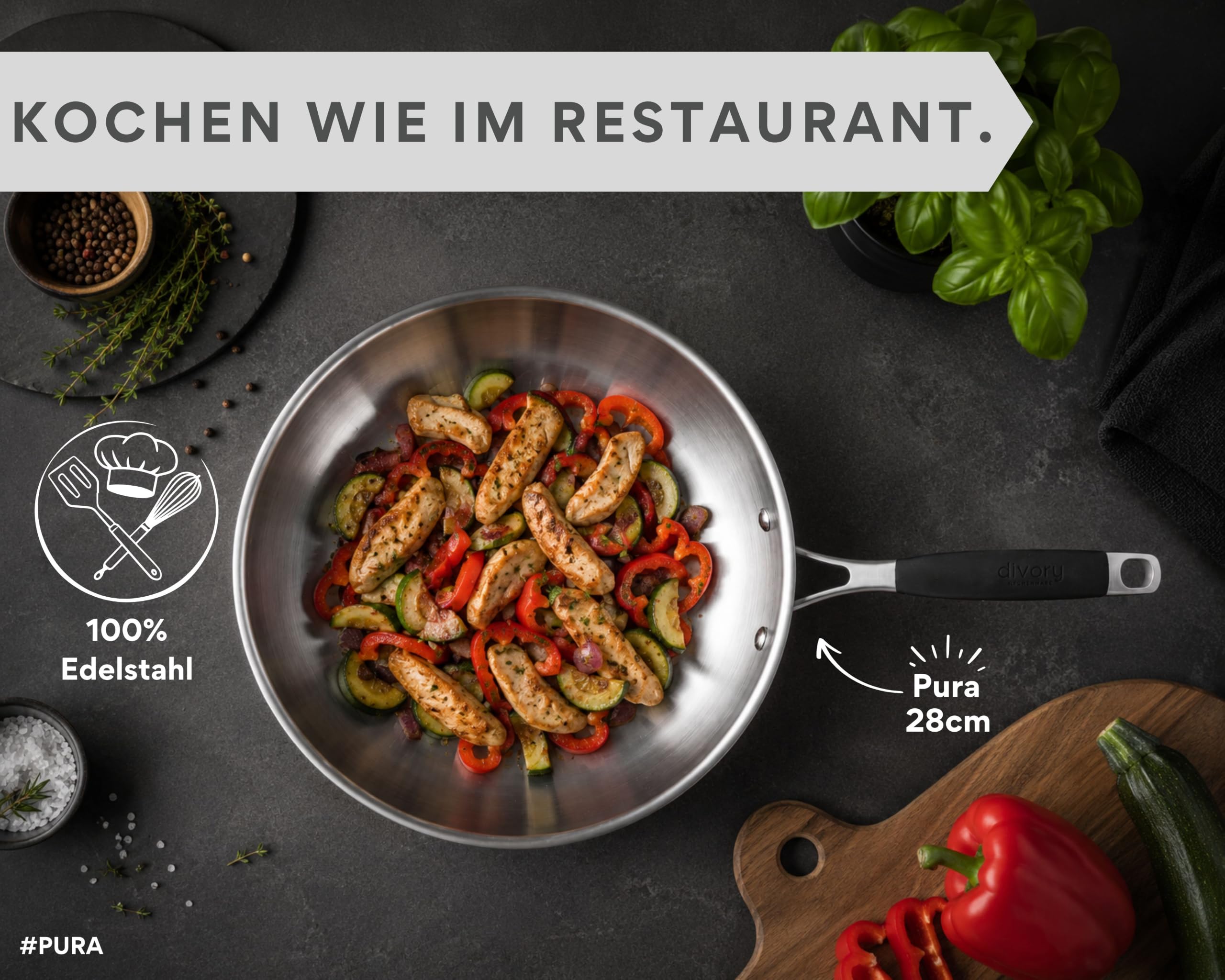 DIVORY Edelstahlpfannen Set 20, 24, 28 cm – Unbeschichtete Pfannen ohne PTFE & PFOA, Bratpfannen Edelstahl für Induktion & alle Herdarten, Pfannenset für Röstaromen – Stainless steel frying pan (PURA)