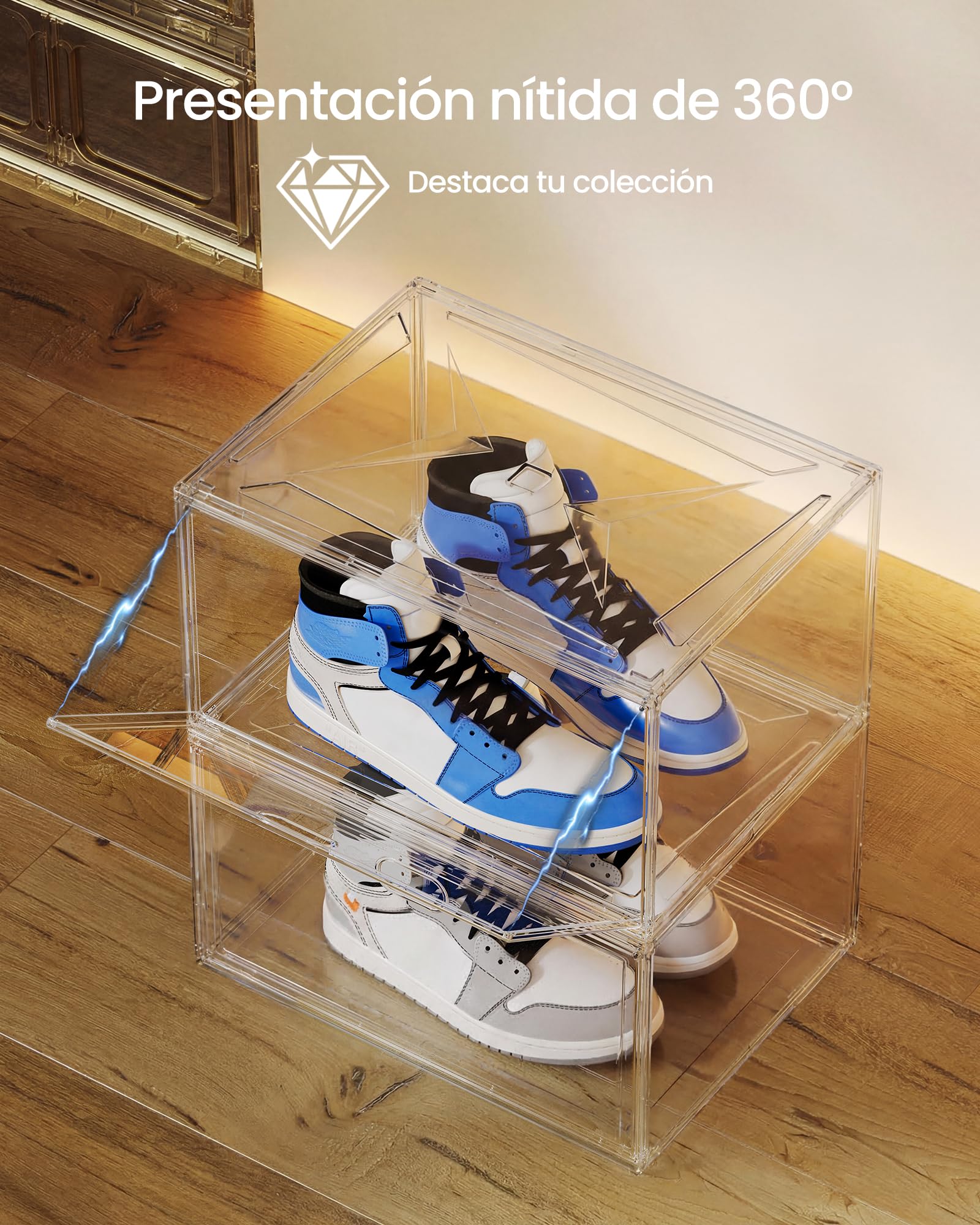 SONGMICS Cajas de Zapatos, Transparentes Apilables, Organizador de Zapatos, para hasta la Talla 47, con Puerta Magnética, Plástico, Juego de 6 LSP706WH01