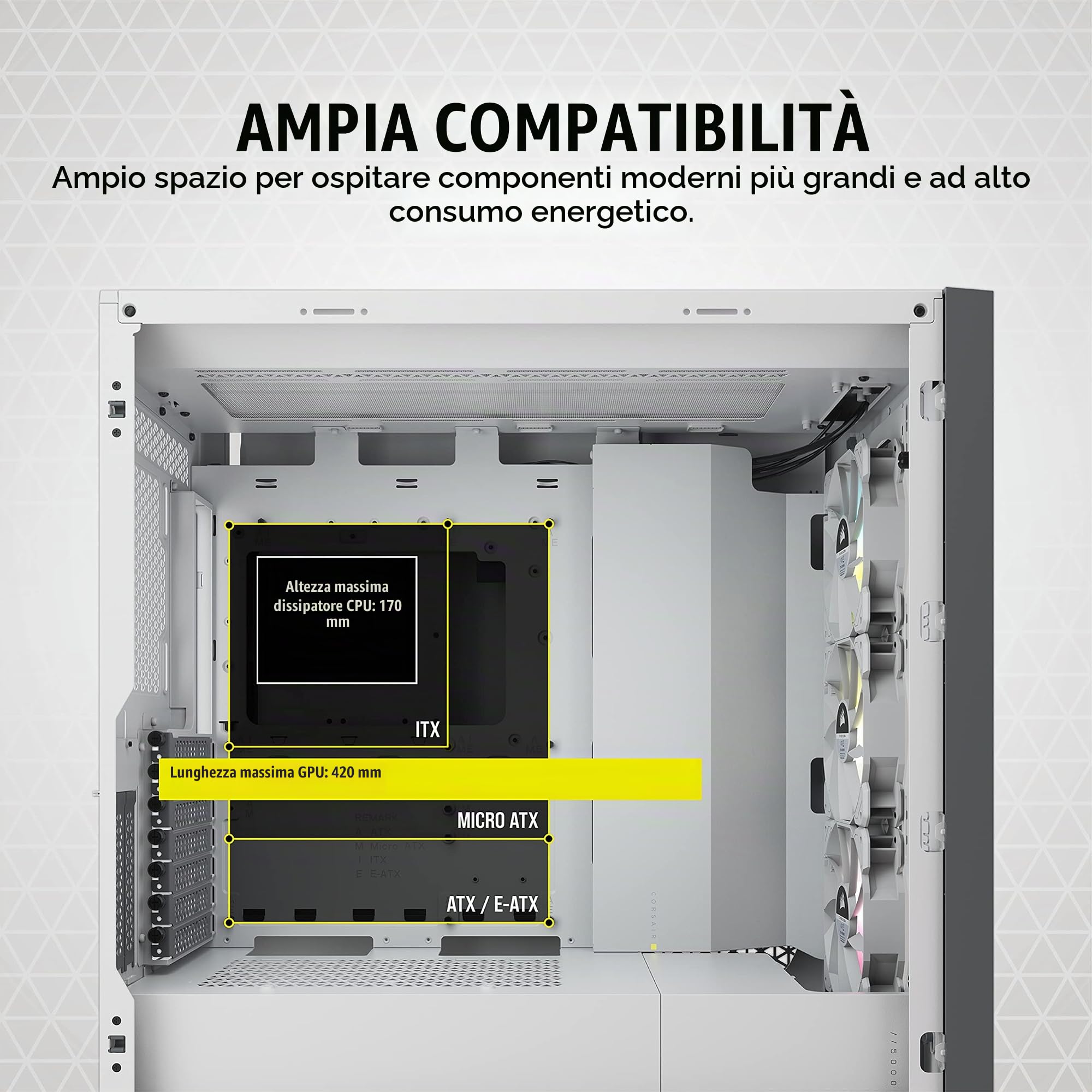 Corsair iCUE 5000X RGB Case per PC Intelligente ATX Mid-Tower con Vetro Temperato (Quattro Pannelli in Vetro Temperato, Sistema di Gestione dei Cavi RapidRoute, Tre Ventole da 120 mm Incluse) Bianco