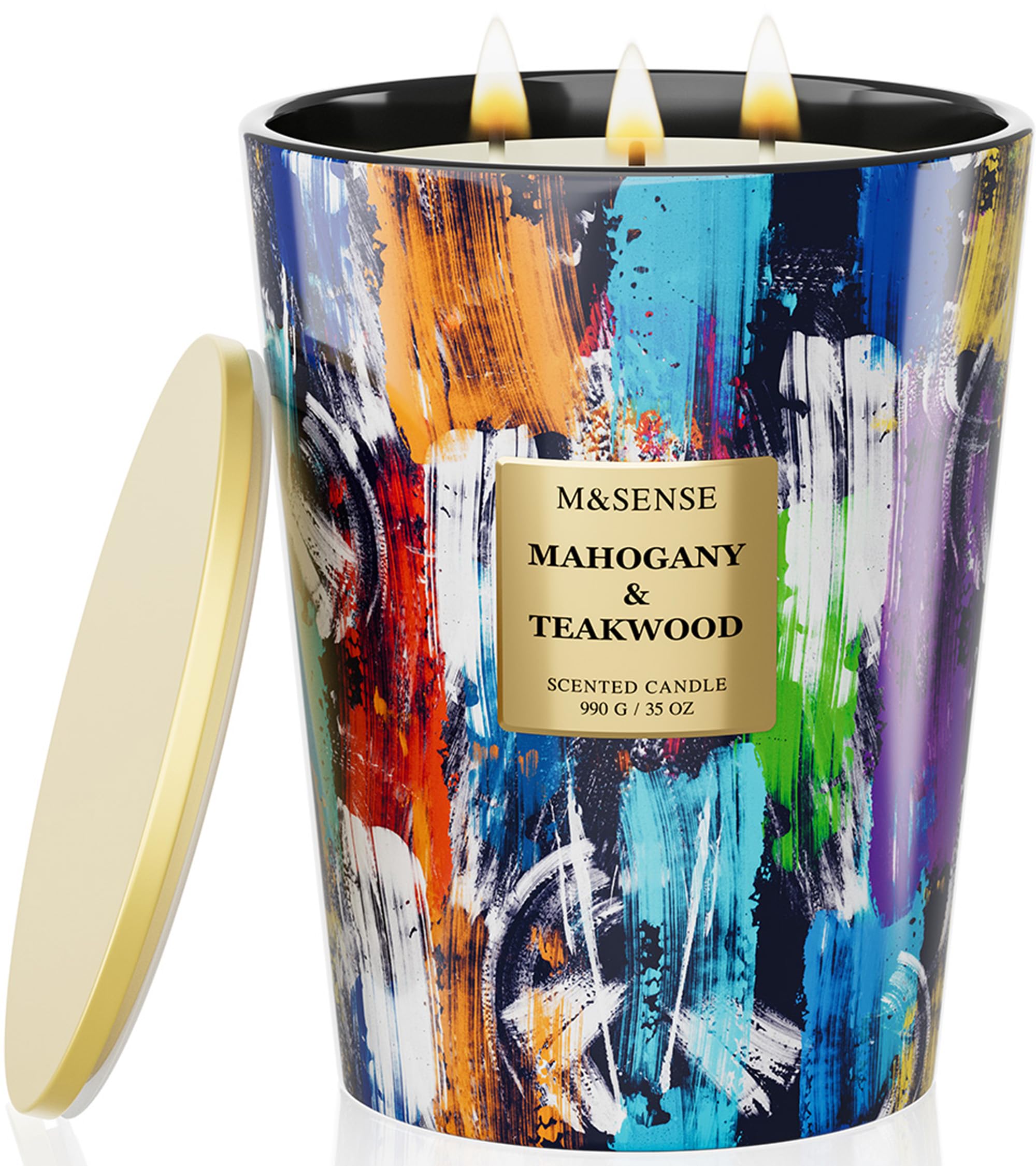 M&SENSE Grande Bougie Parfumée 3 Mèches, 990g Cire de Soja Acajou et Bois de Teck, 150 Heures, Bougie Décorative Luxe Verre Peinture à l'Huile, Cadeau Maison Bureau Concentration Homme Femme
