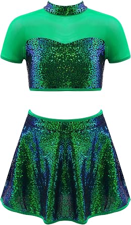 easyforever Girls Sequins 2 Pieces Dance Set Short Sleeves Open Back Crop Tops with Skirt Set Lyrical Ballet Dancewear